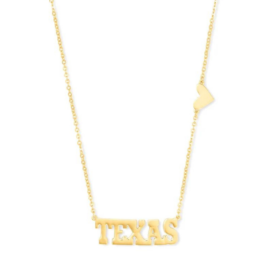 Gold chain necklace with the word texas and a heart, pictured on a white background.