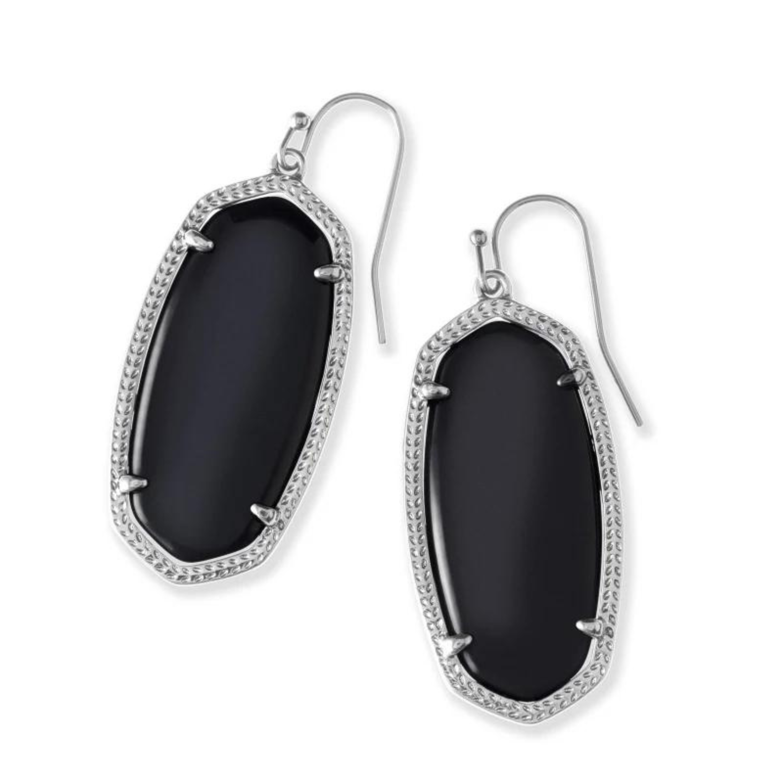 Silver drop earrings with black opaque stones, pictured on a white background.