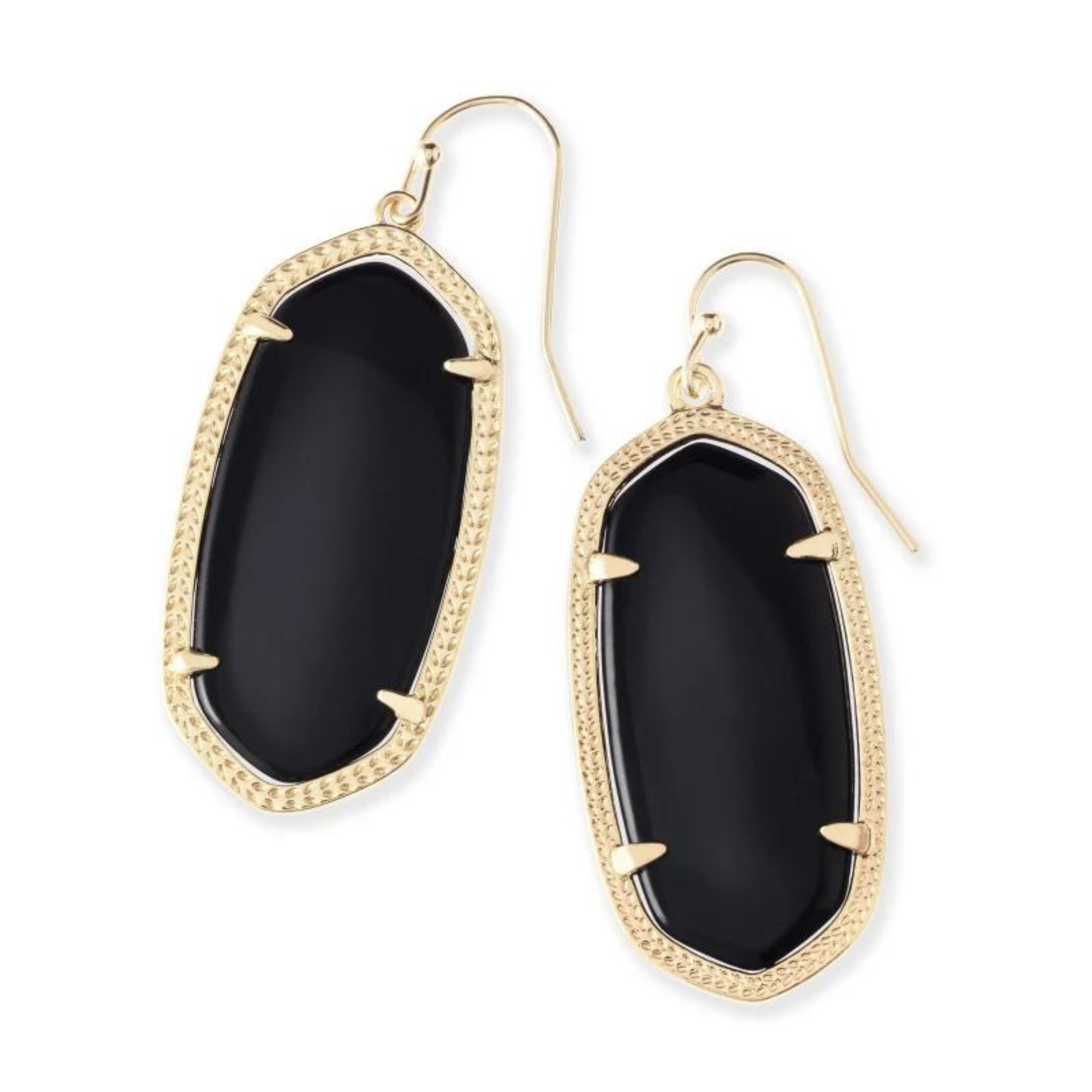 Gold drop earrings with black opaque glass, pictured on a white background.