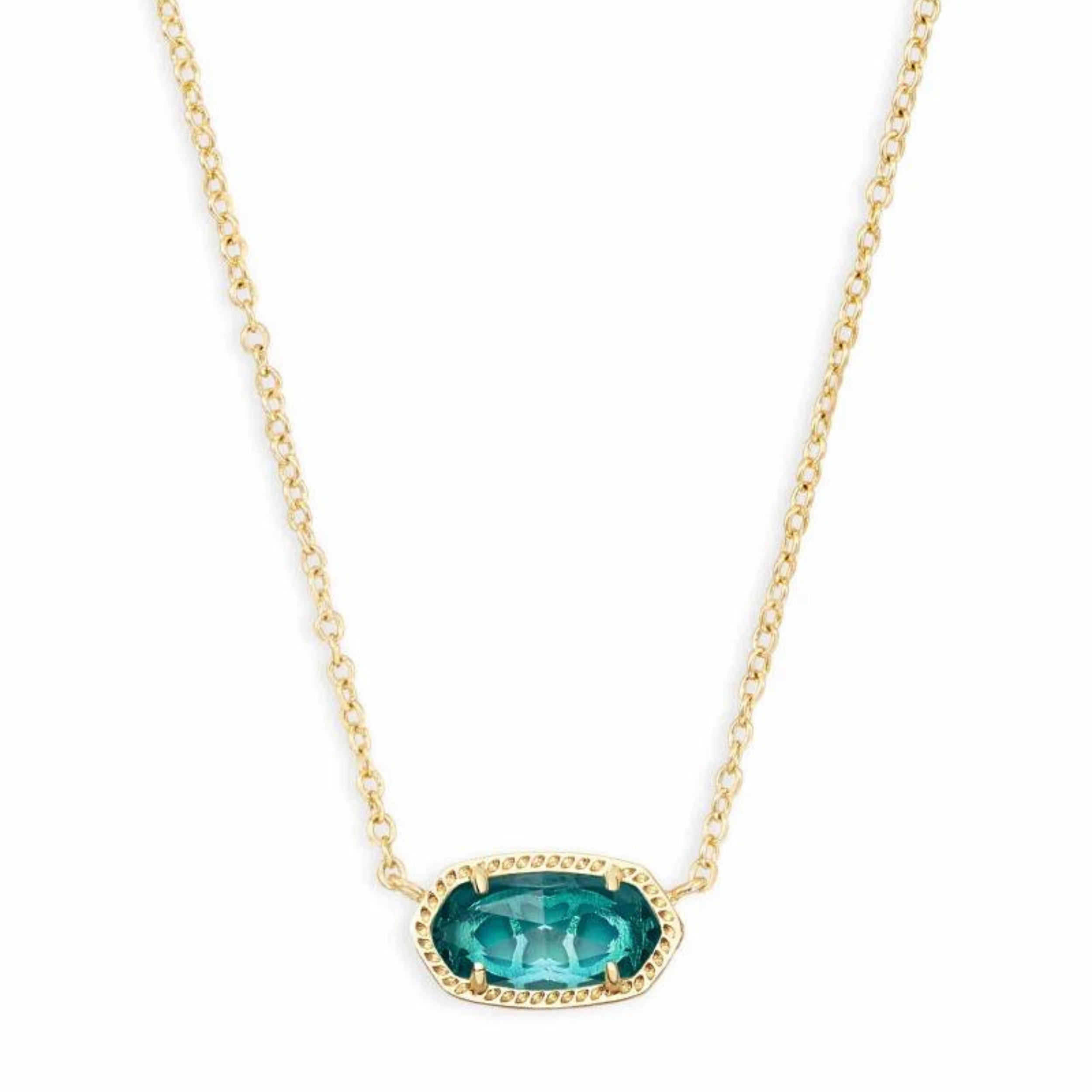 Gold necklace with london blue pendant, pictured on a white background.