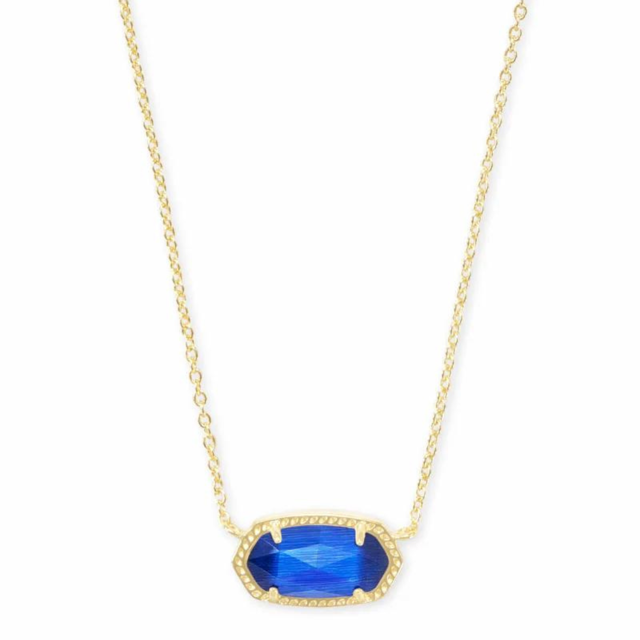 Gold necklace with cobalt cats eye pendant, pictured on a white background.