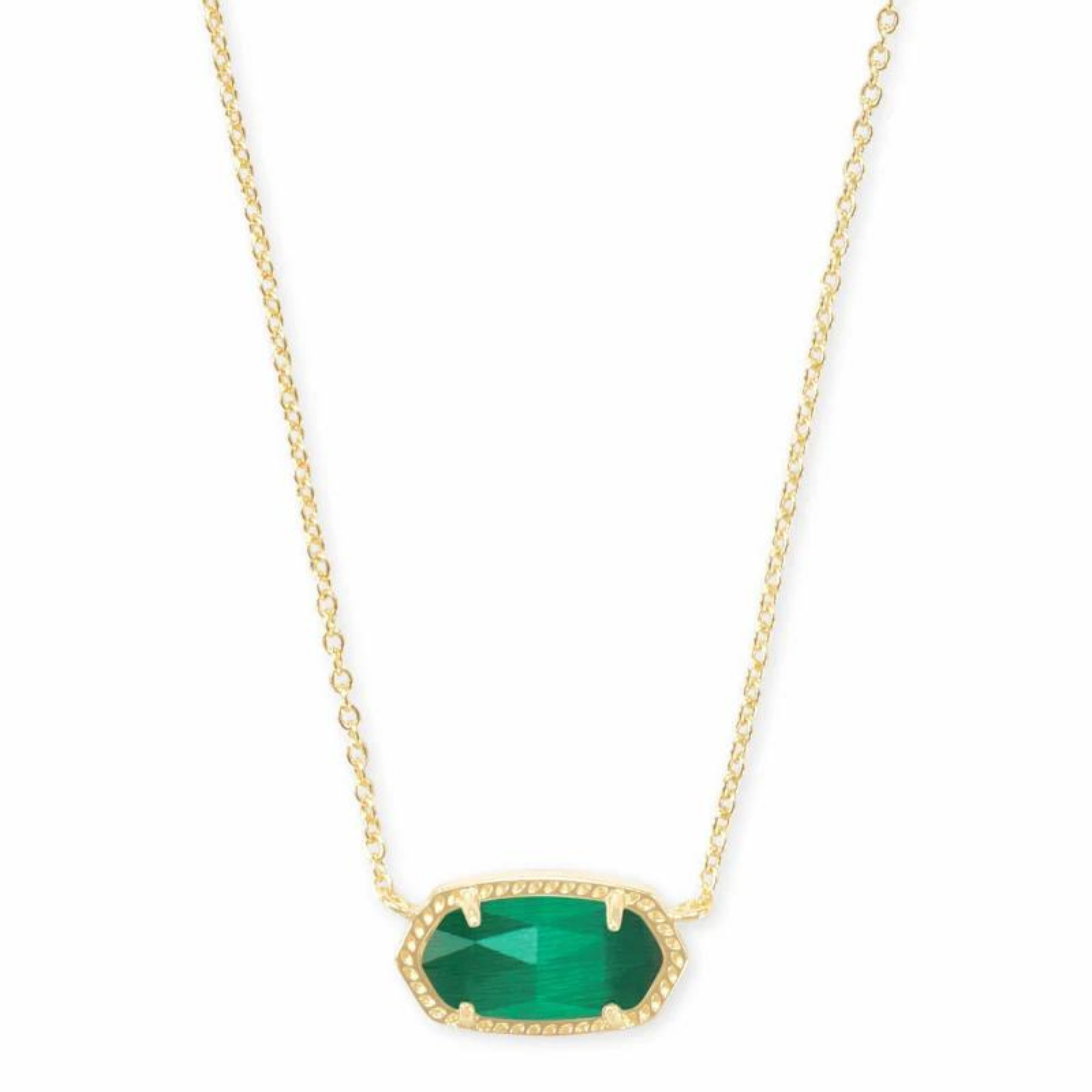 Gold necklace with an emerald cats eye pendant, pictured on a white background.
