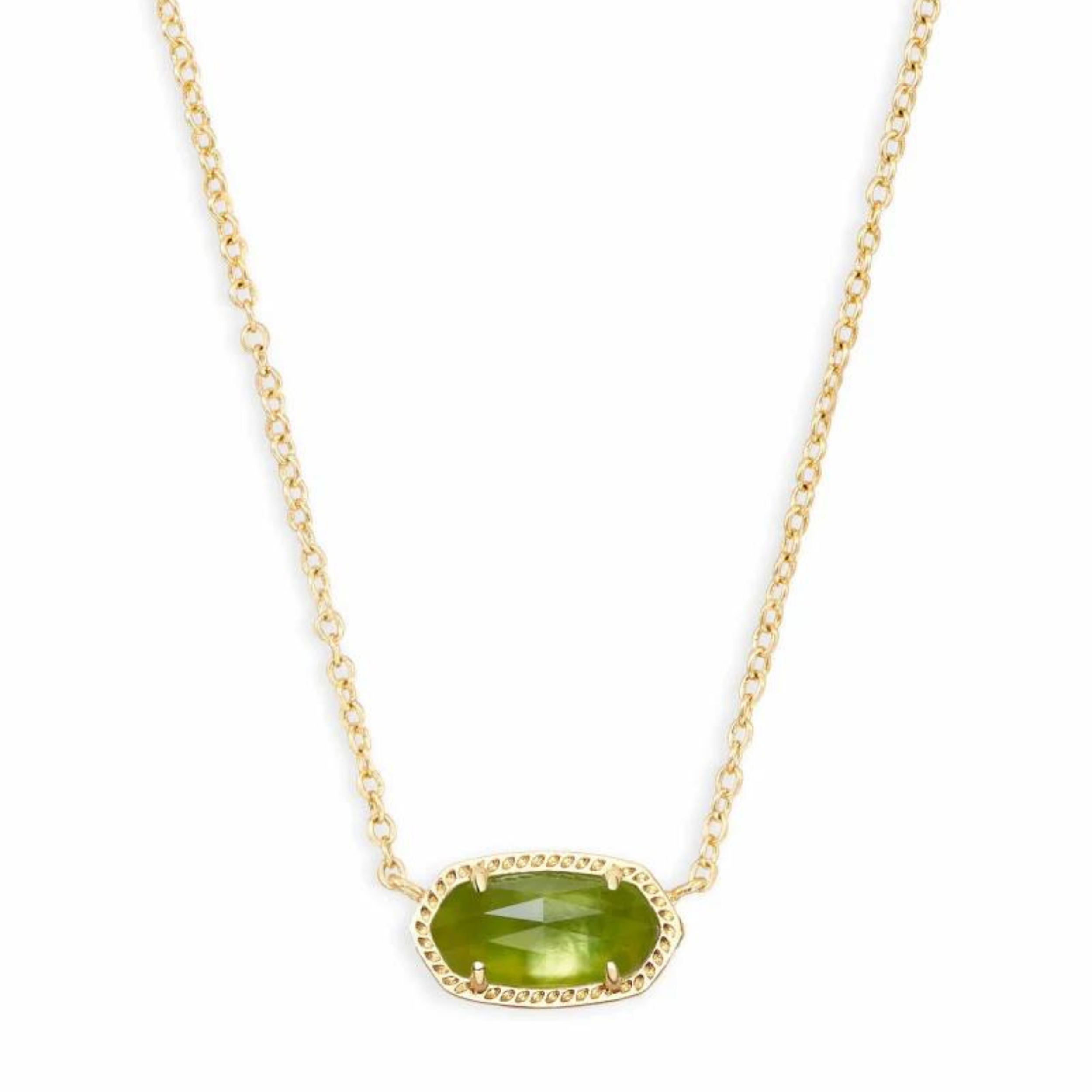 Gold necklace with peridot illusion stone, pictured on a white background.