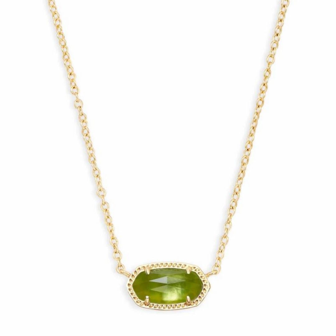 Gold necklace with peridot illusion stone, pictured on a white background.