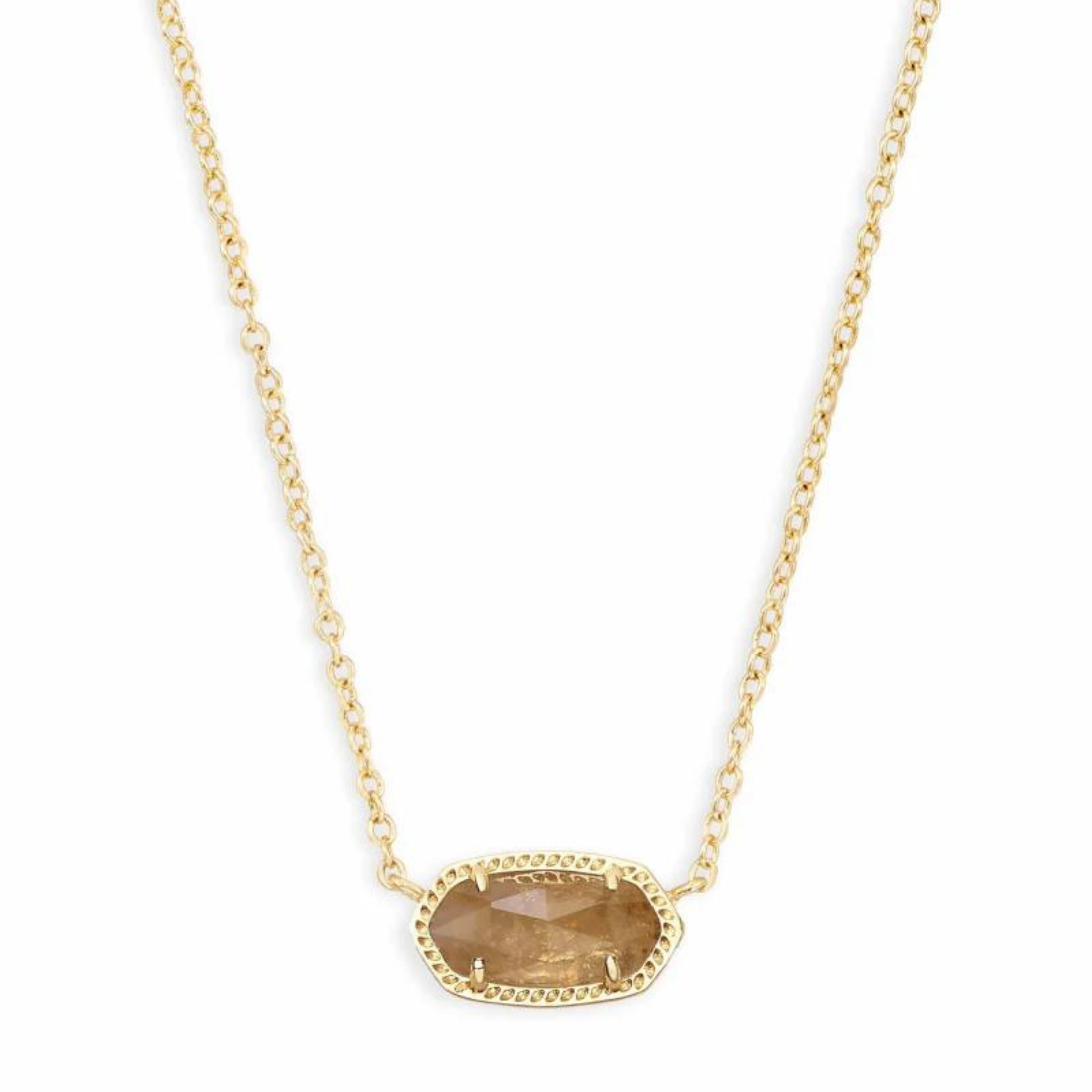 Gold necklace with a citrine quartz pendant, pictured on a white background.