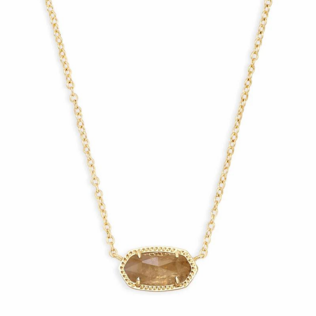 Gold necklace with a citrine quartz pendant, pictured on a white background.