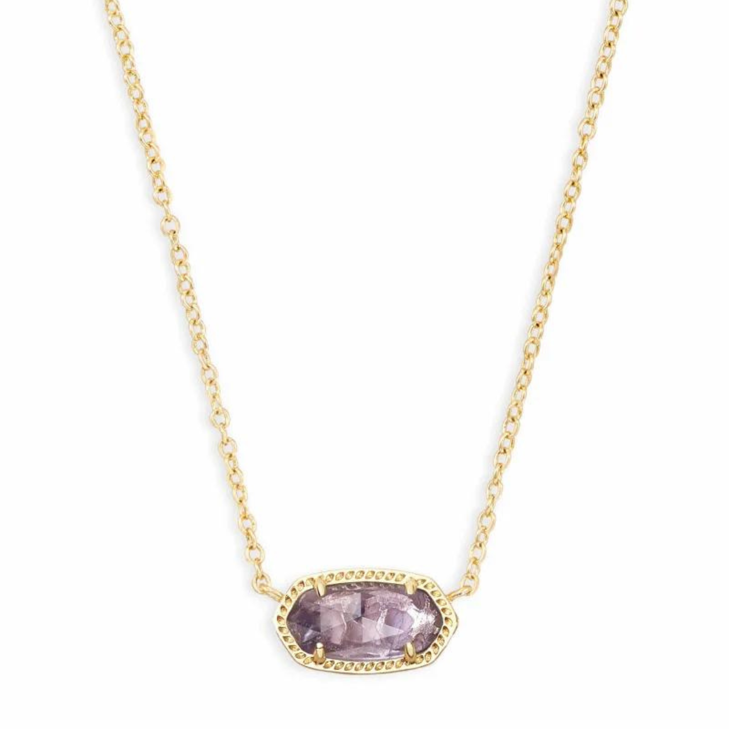 Gold necklace with purple amethyst pendant, pictured on a white background.