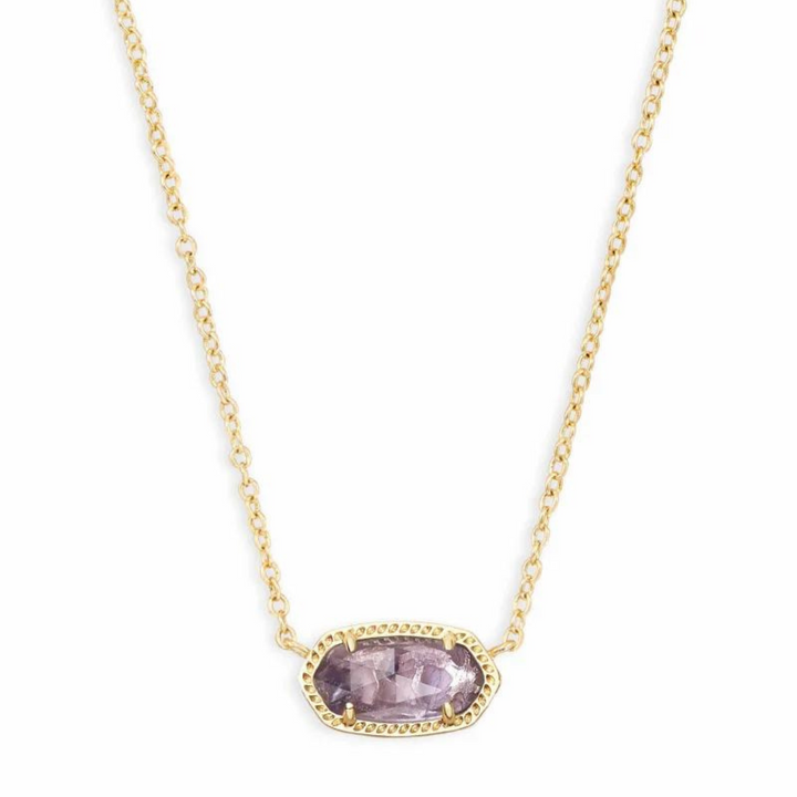 Gold necklace with purple amethyst pendant, pictured on a white background.