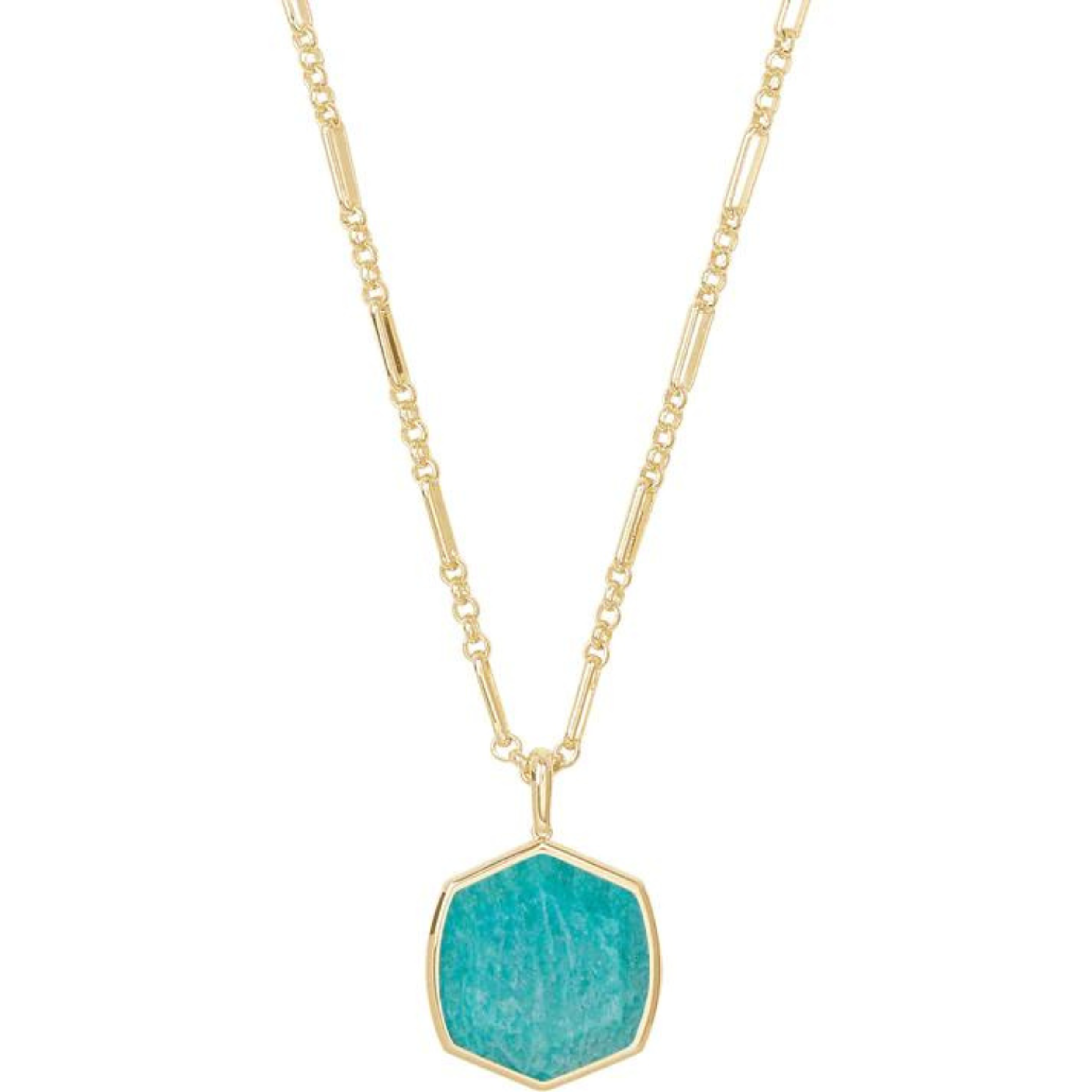 Long gold necklace with a  Dark Teal Amazonite pendant, pictured on a white background.