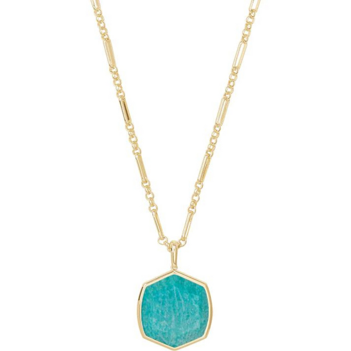 Long gold necklace with a  Dark Teal Amazonite pendant, pictured on a white background.