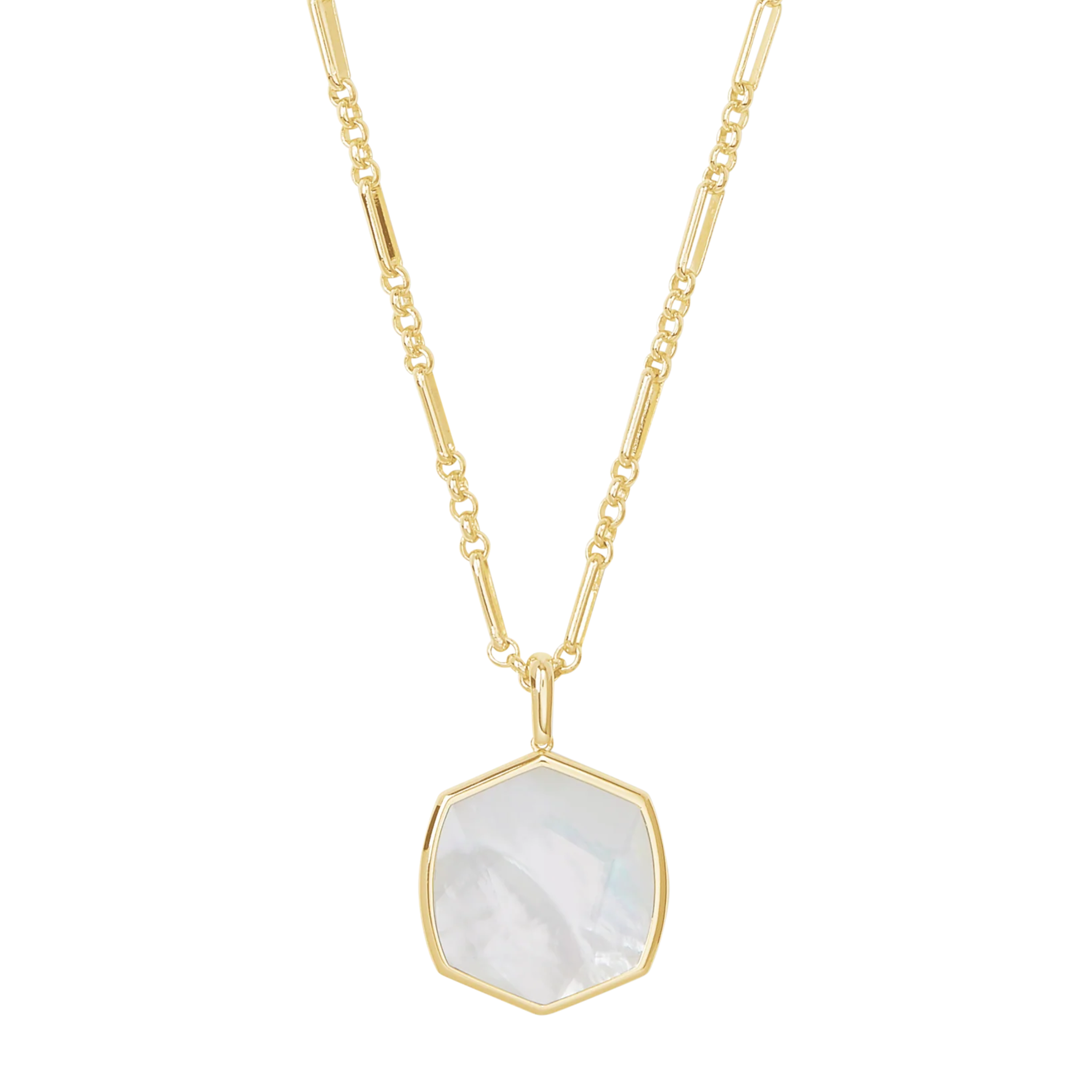Long gold necklace with a ivory mother of pearl  pendant, pictured on a white background.