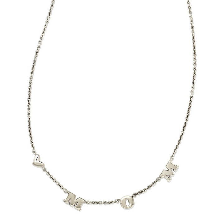 Silver necklace with the word mom spaced out with a heart, pictured on a white background.