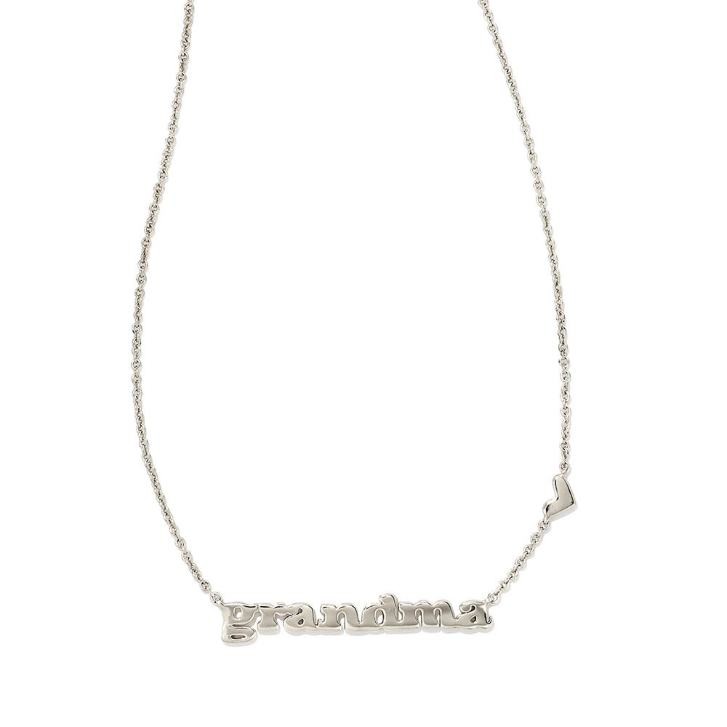 Silver necklace with the word grandma and a heart, pictured on a white background.