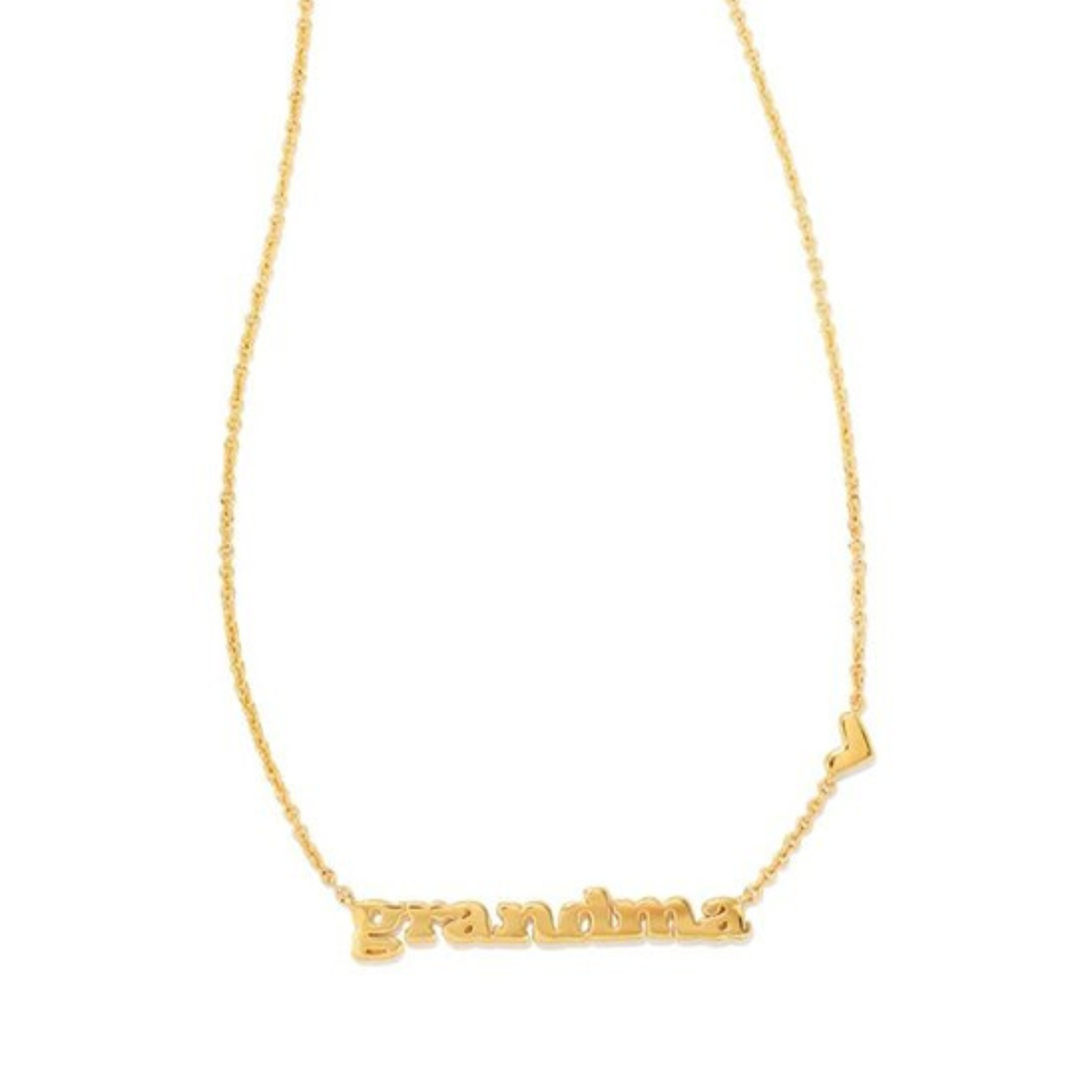 Gold necklace with the word grandma with a heart, pictured on a white background.