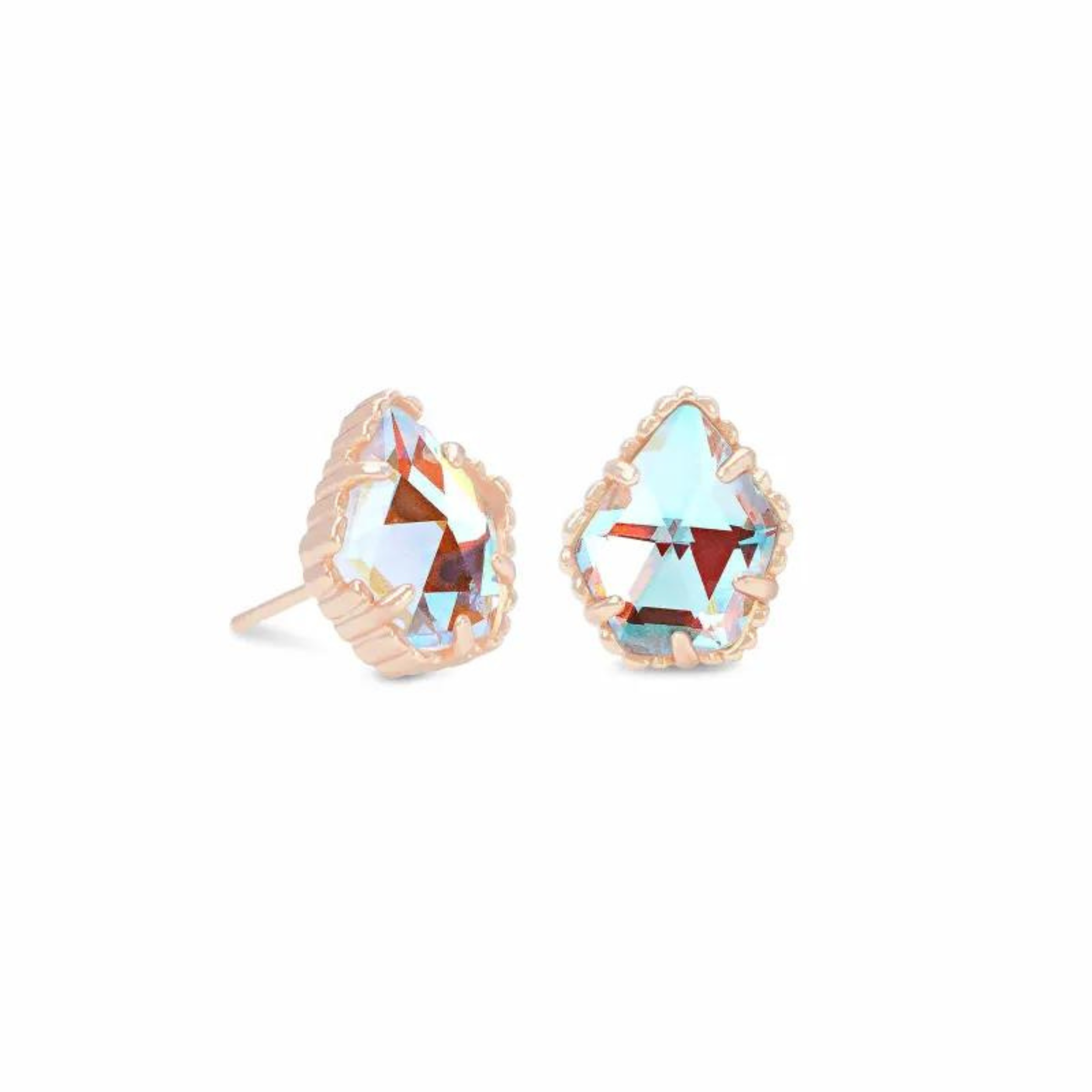 Rose gold stud earrings with dichoric glass in the center, pictured on a white background.
