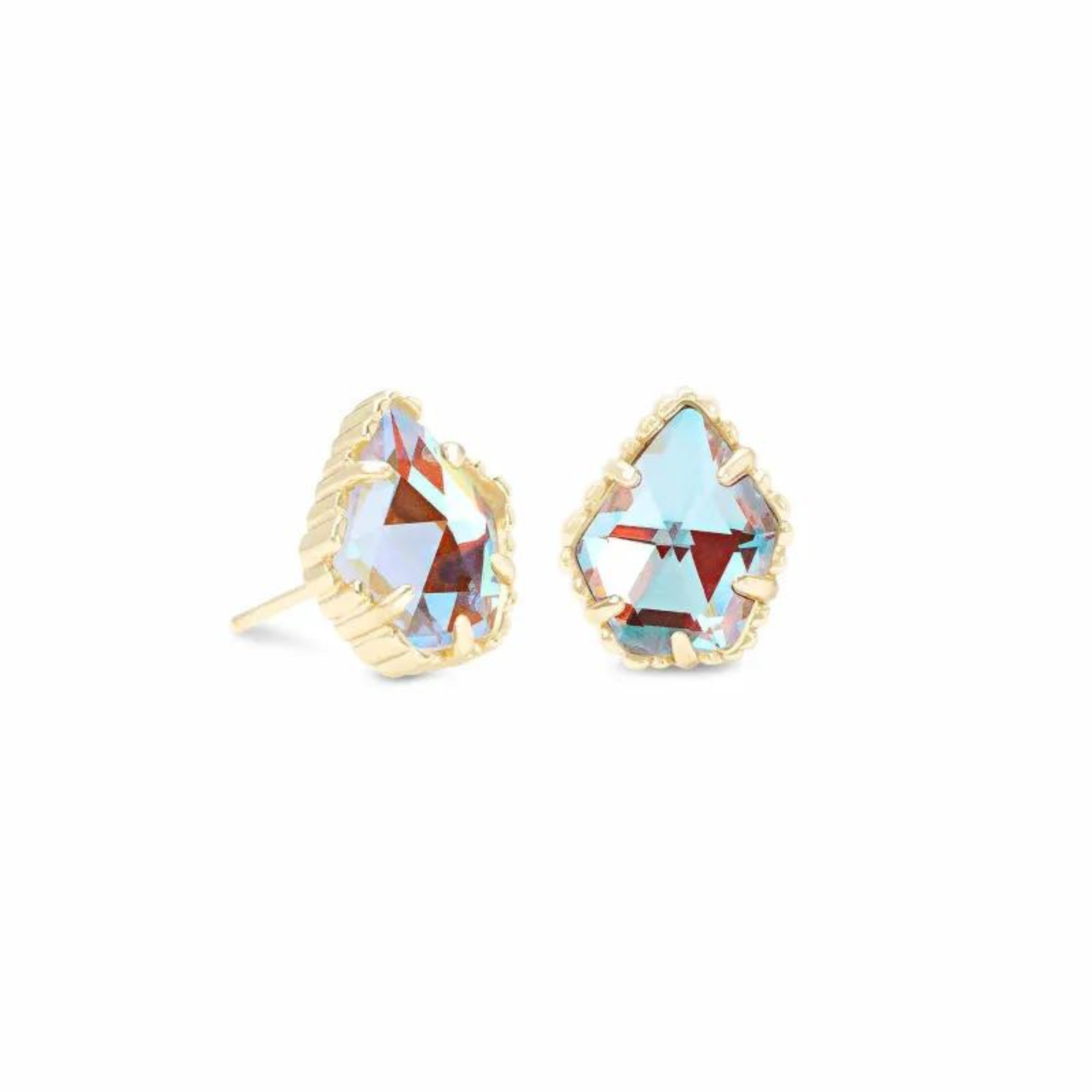 Gold stud earrings with dichroic glass in the center, pictured on a white background.