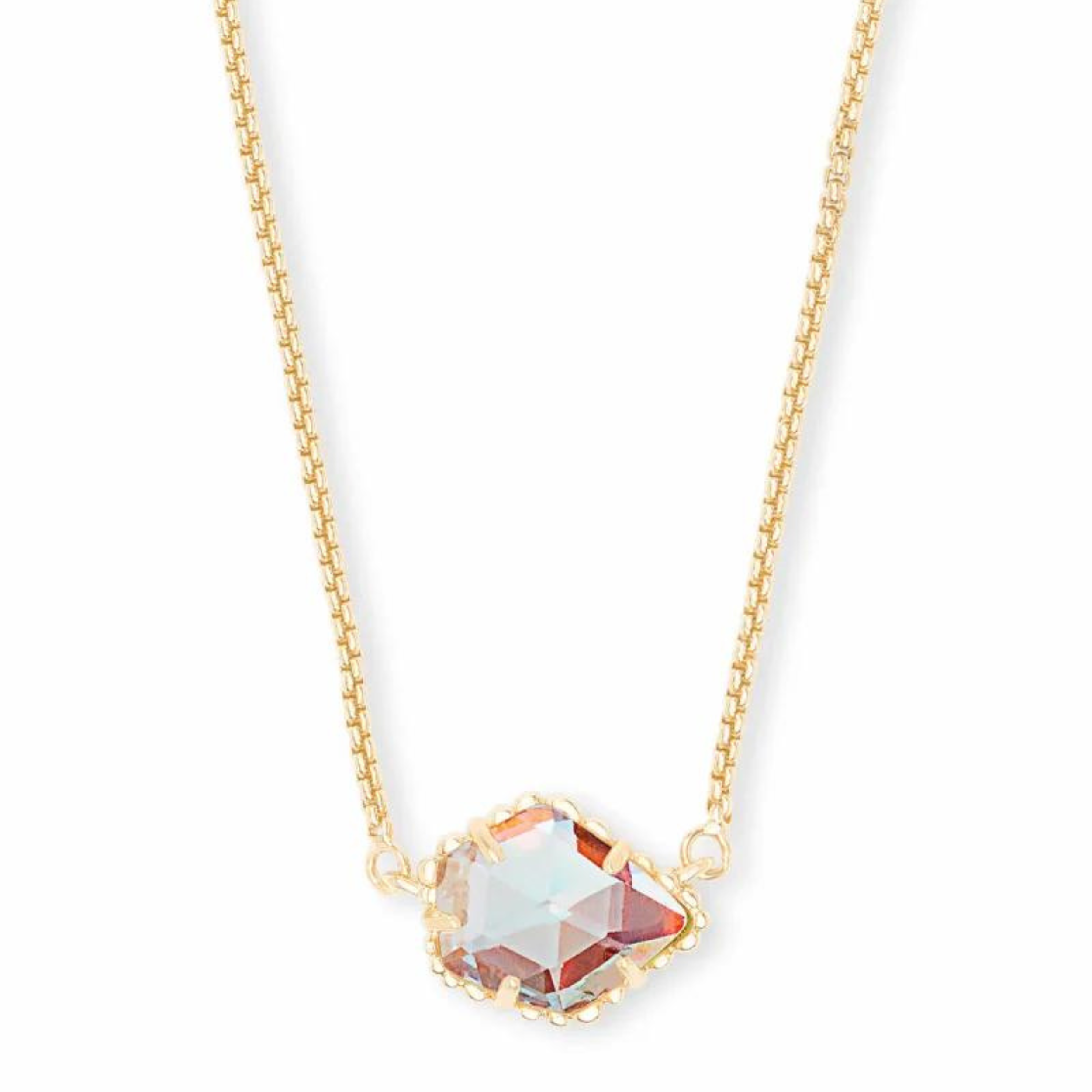 Gold necklace with dichroic glass pendant, pictured on a white background.