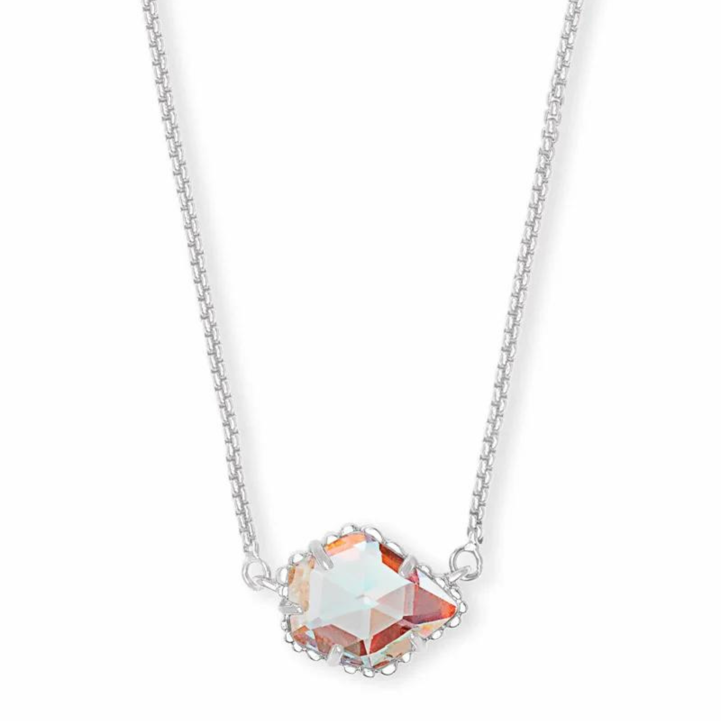Silver necklace with dichroic glass pendant, pictured on a white background.