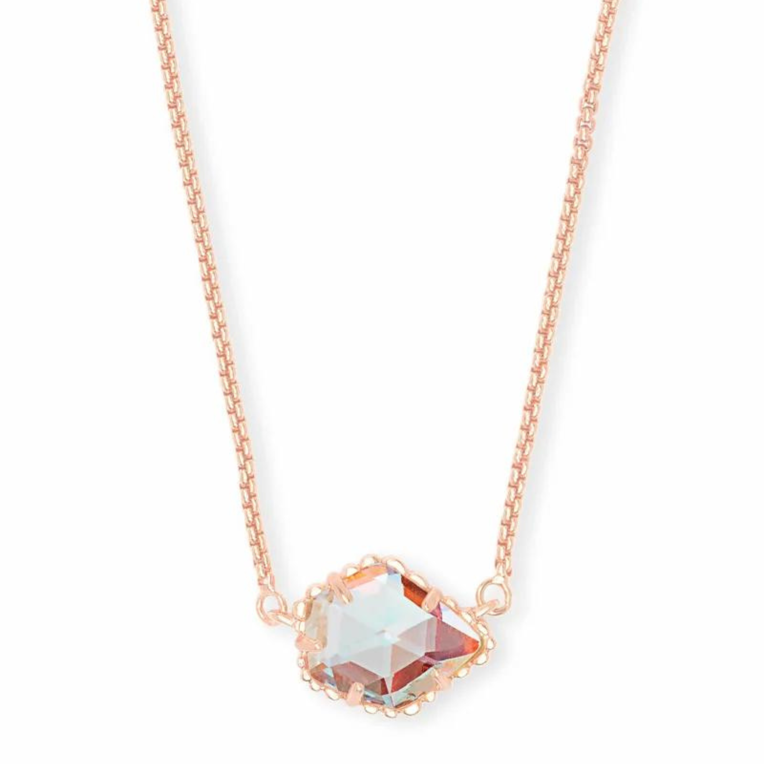 Rose gold necklace with dichroic glass pendant, pictured on a white background.