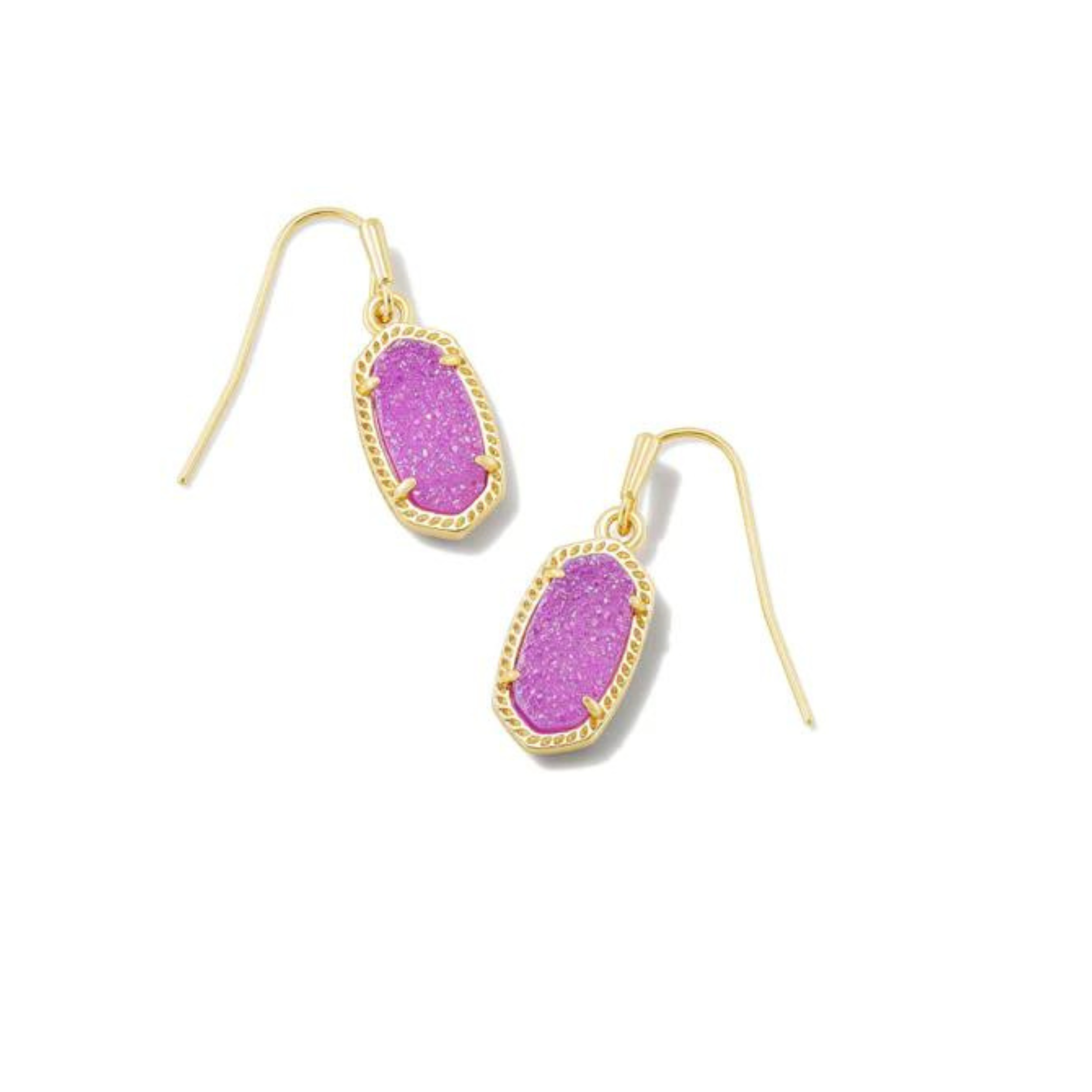 Gold drop earrings with drusy murberry stones, pictured on a white background.