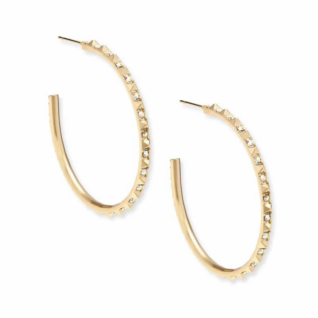 Gold hoop earrings with iridescent crystals, pictured on a white background.
