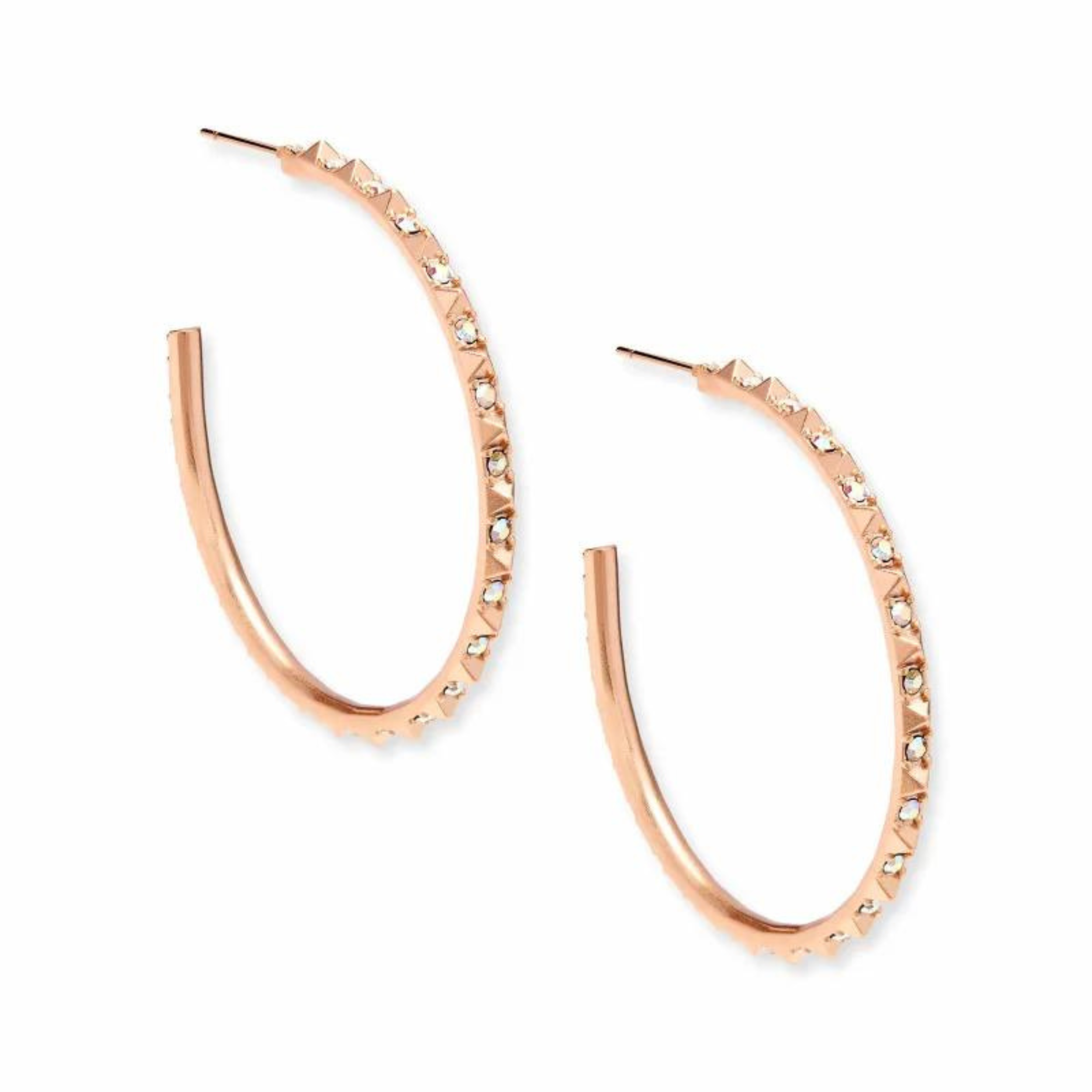 Rose gold hoop earrings with iridescent crystals, pictured on a white background.