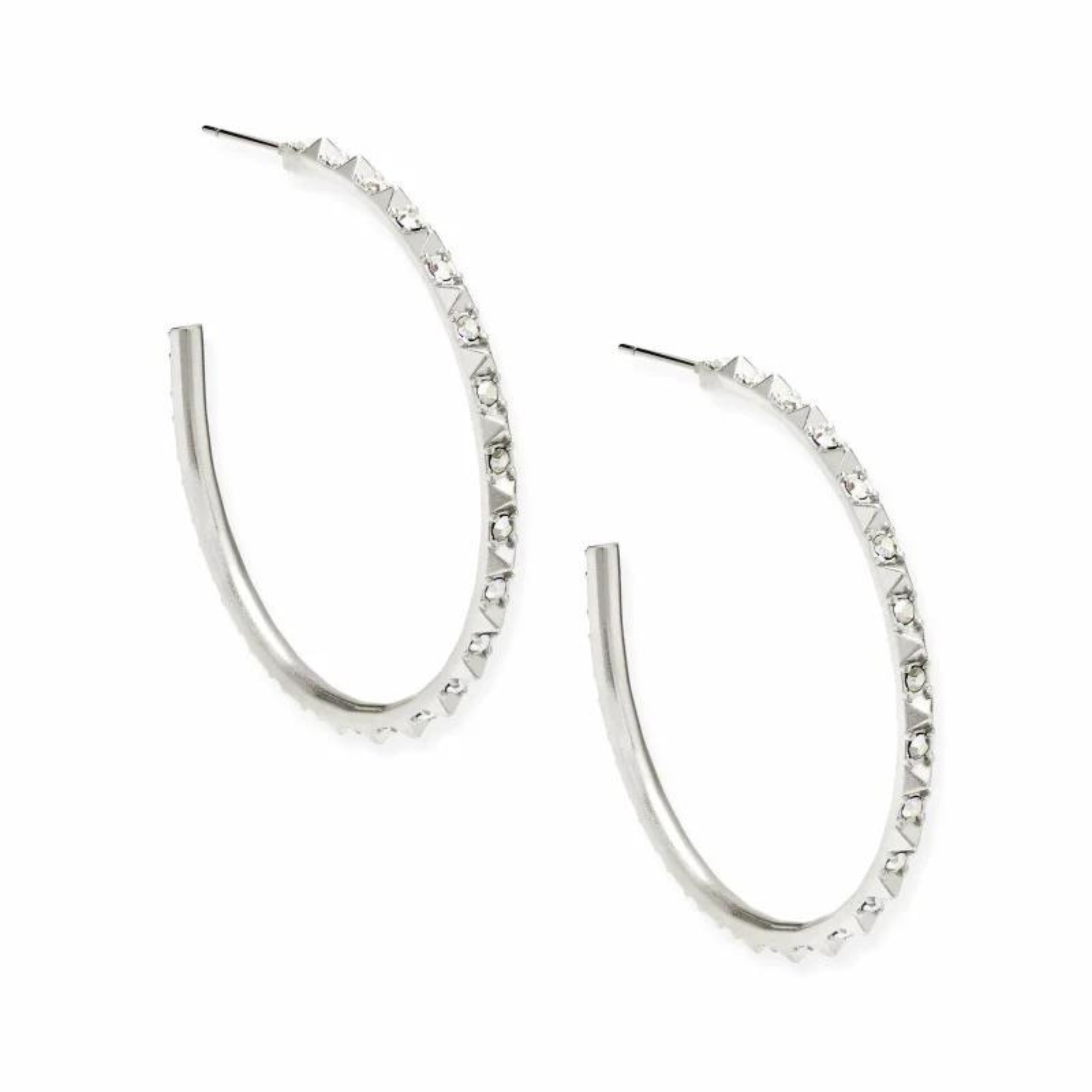 Silver hoop earrings with iridescent crystals, pictured on a white background.