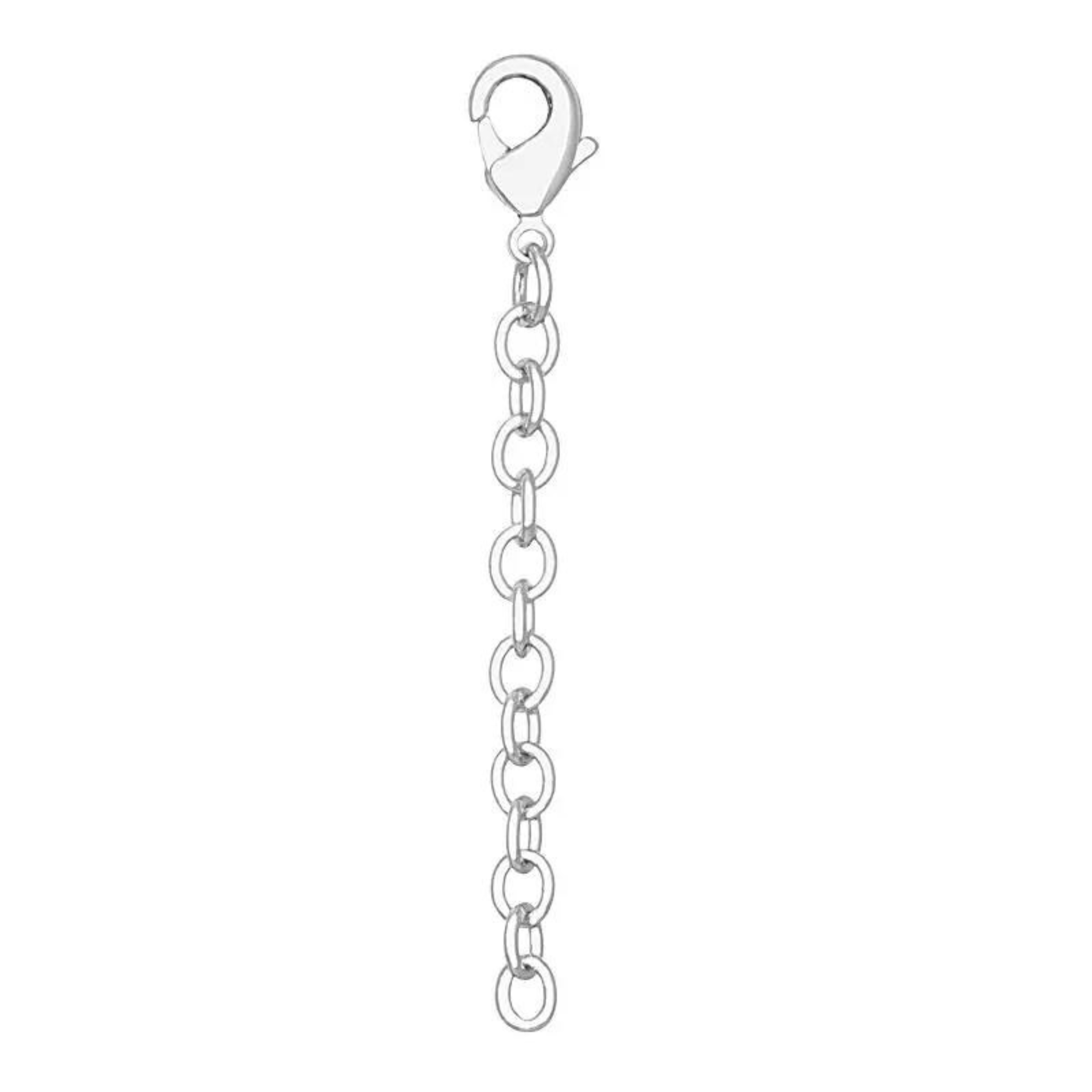 Silver 2 inch necklace extender with a lobser clasp, pictured on a white background.