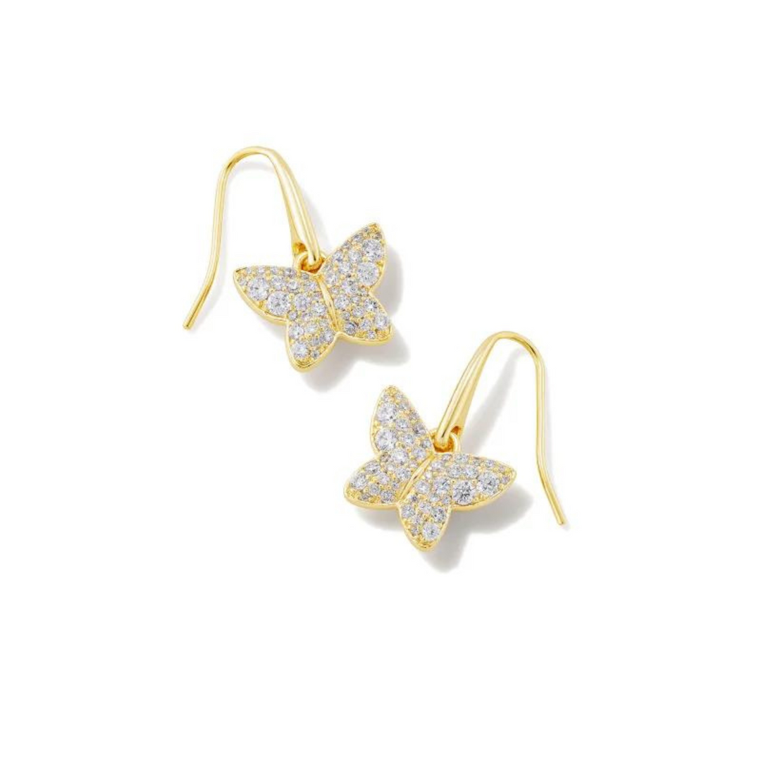 Gold dangle butterfly earrings with white crystals, pictured on a white background.