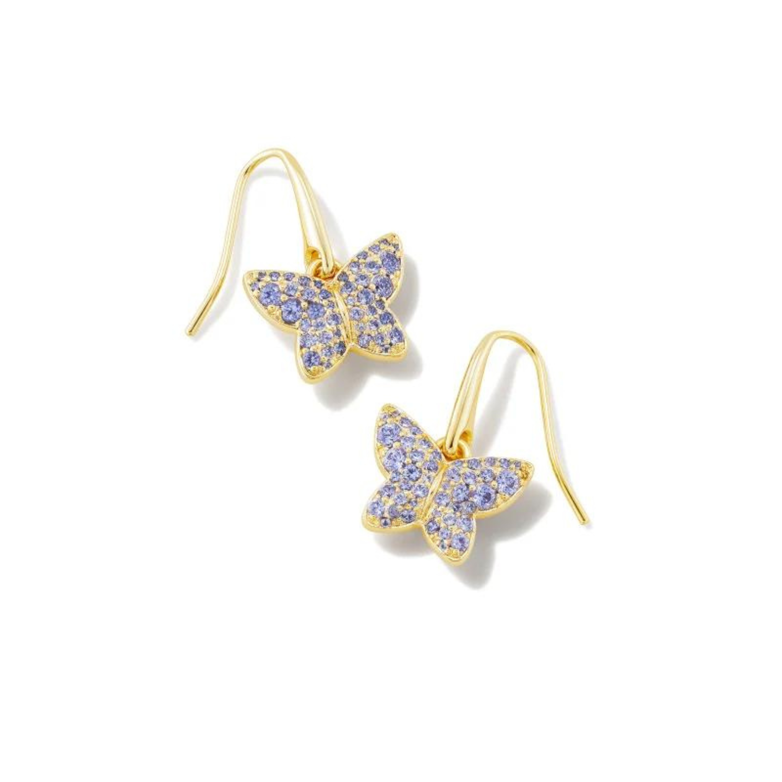 Gold butterfly dangle earrings with violet crystals, pictured on a white background.