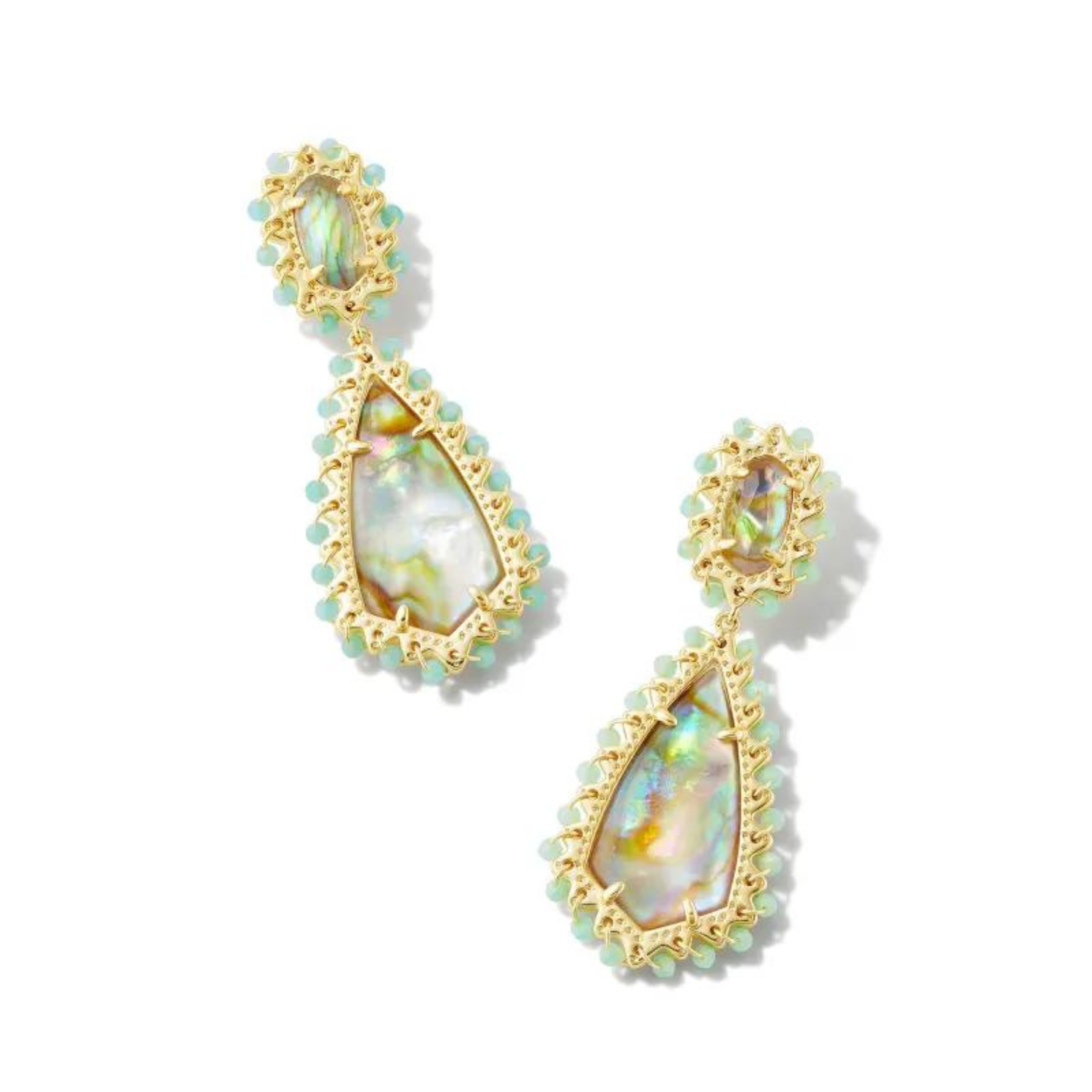 Gold post dangle earrings with iridescent mix stone with a mint crystal trim, pictured on a white background.
