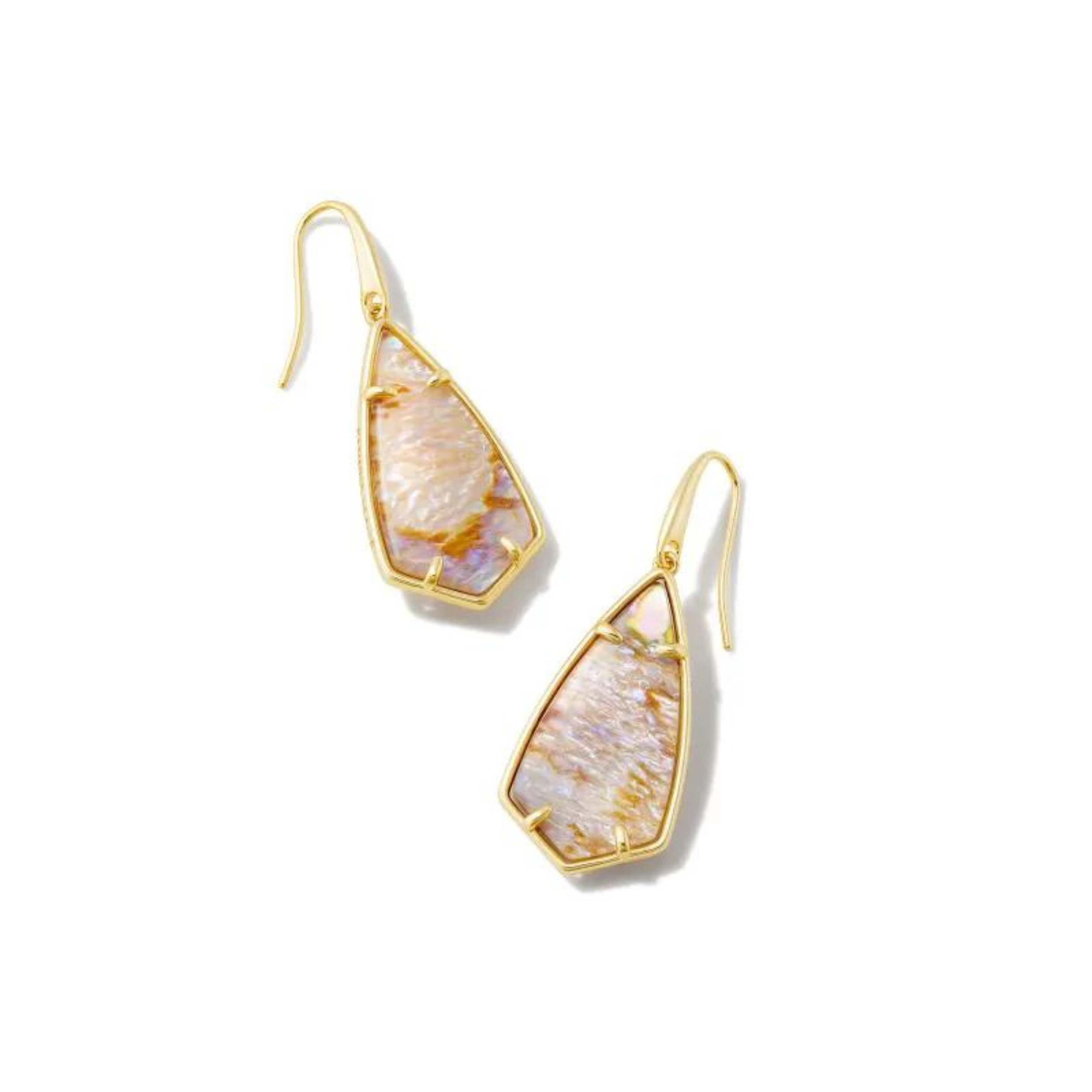 Gold dangle earrings with iridescent abalone stones, pictured on a white background.