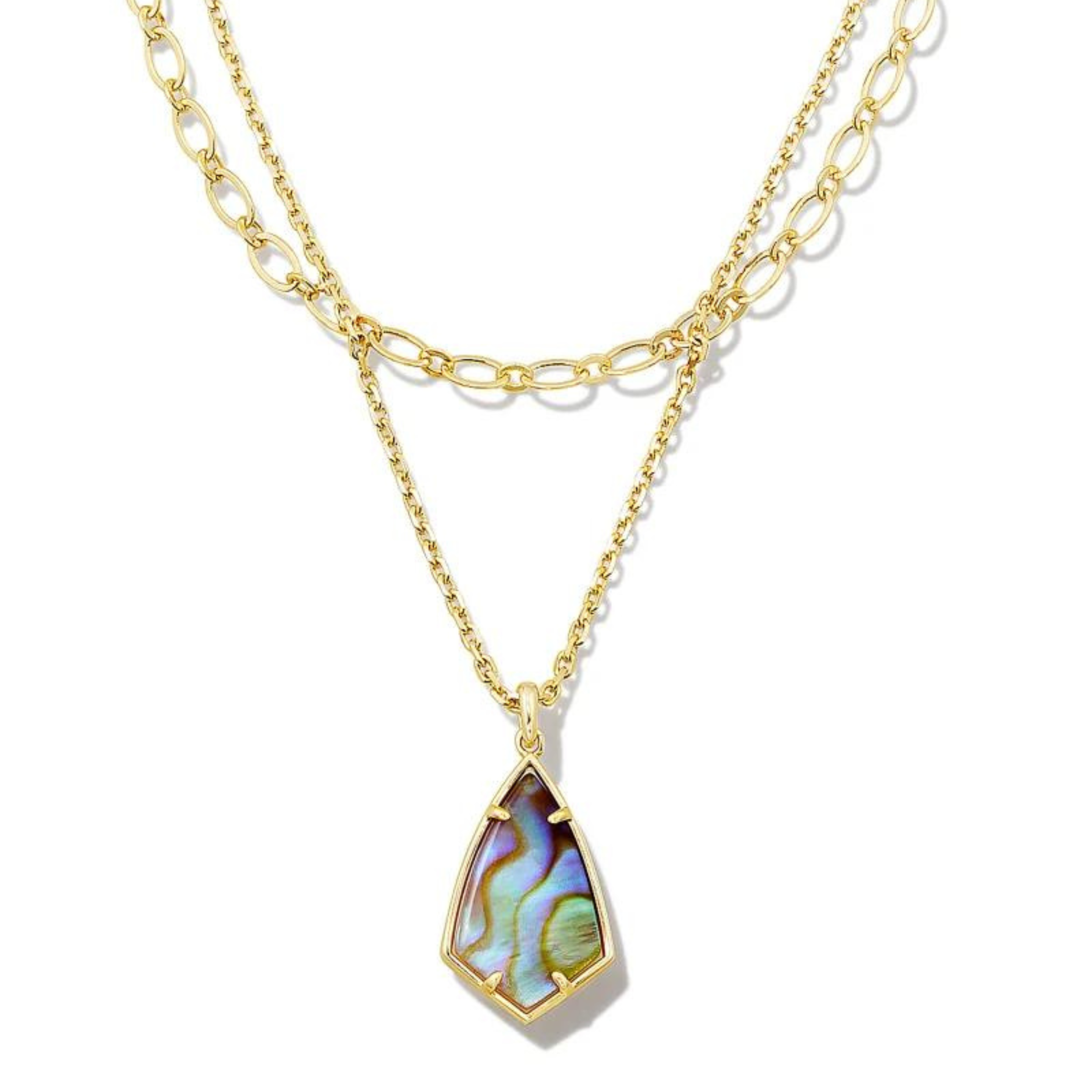 Gold multi strand necklace with a iridescent abalone pendant, pictured on a white background.