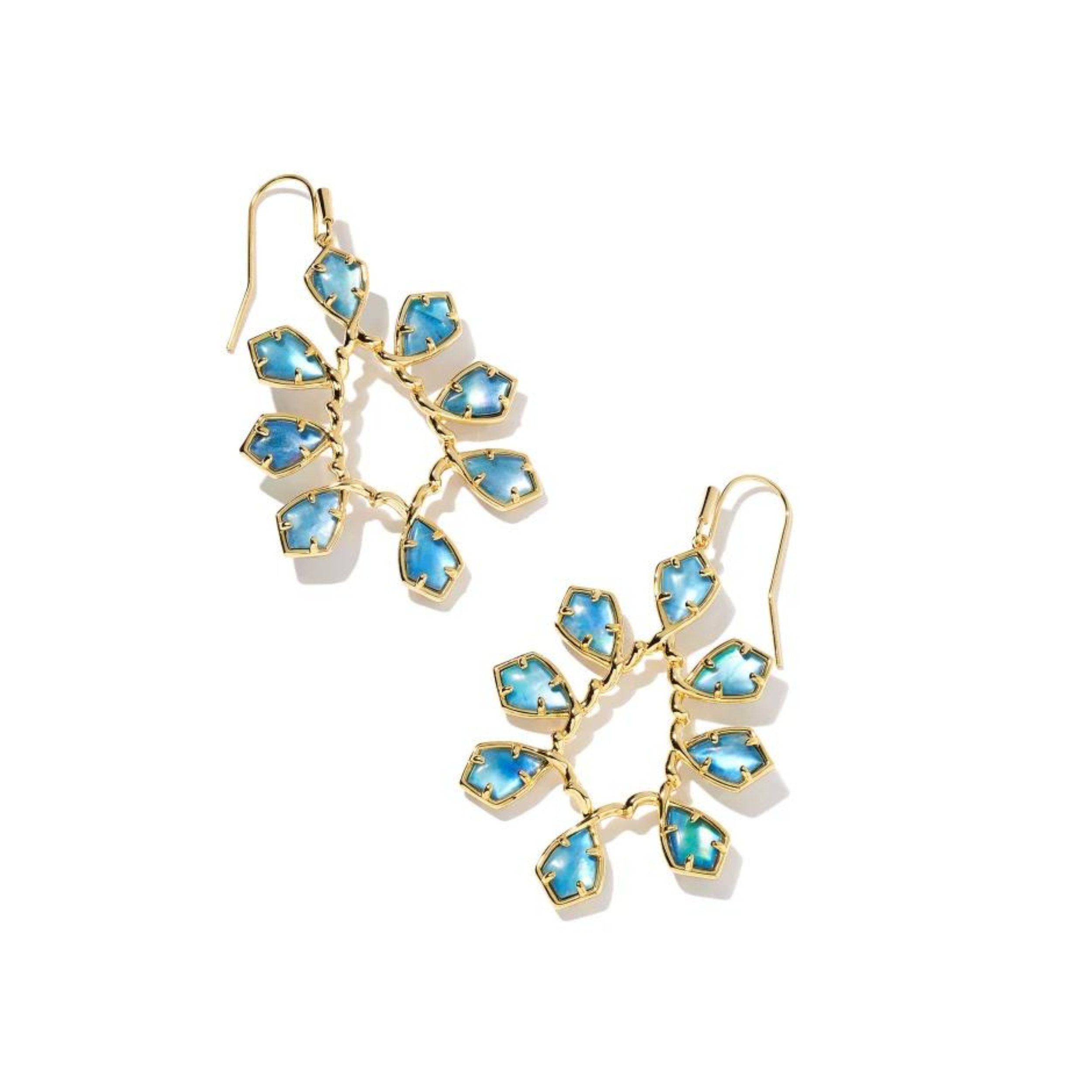Gold open framed dangle earrings with dark blue mother of pearl stones, pictured on a white background.