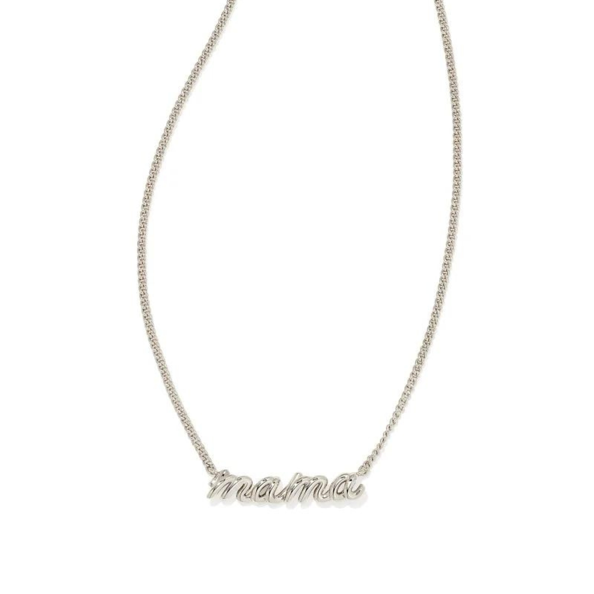 Silver necklace with the word mama in cursive, pictured on a white background.