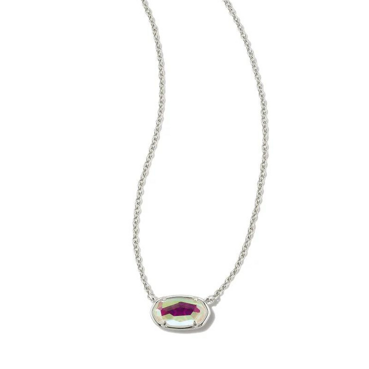 Silver necklace with dichroic class pendant, pictured on a white background.