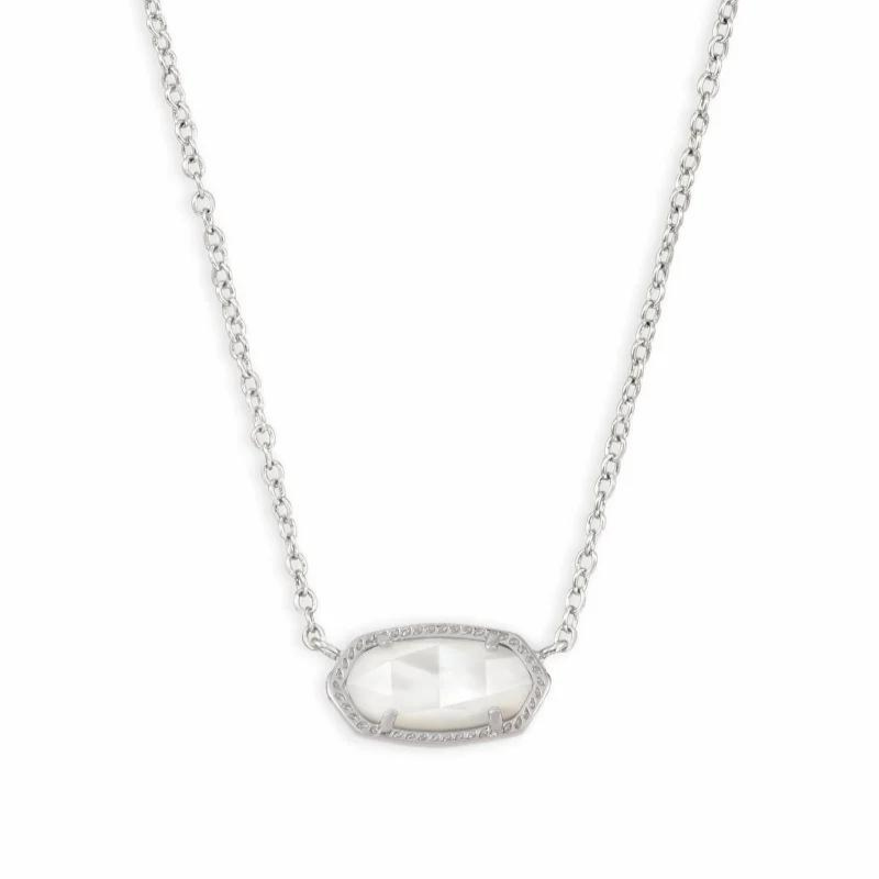Silver necklace with a mother of pearl pendant, pictured on a white background.