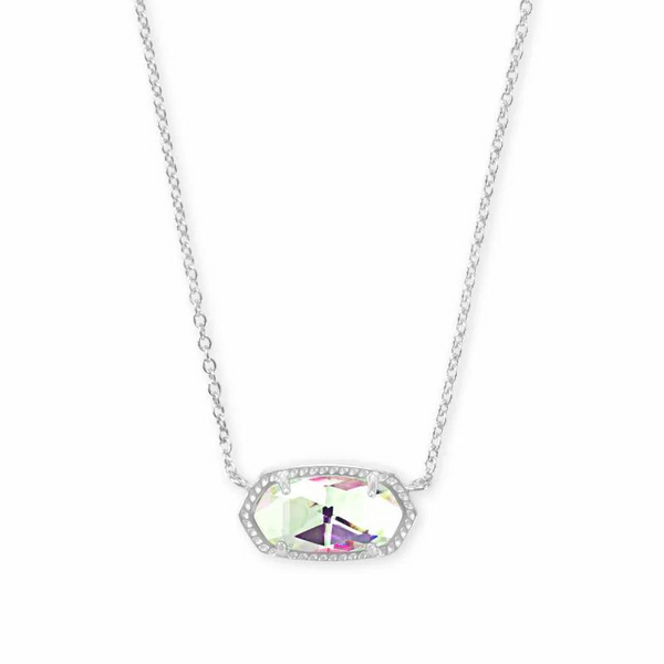 Silver necklace with dichroic glass pendant, pictured on a white background.