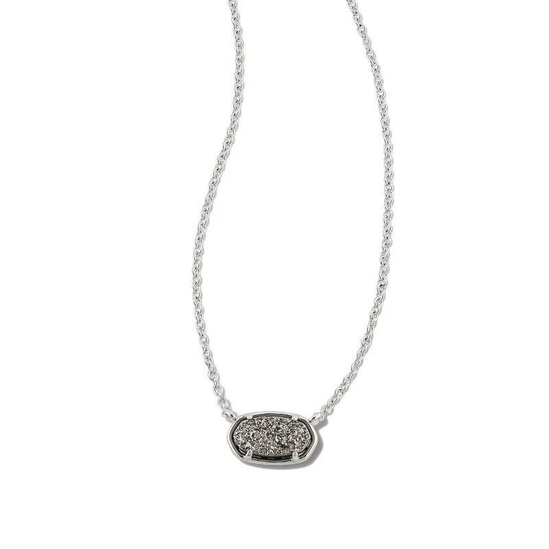 Silver necklace with platnium drusy pendant, pictured on a white background.