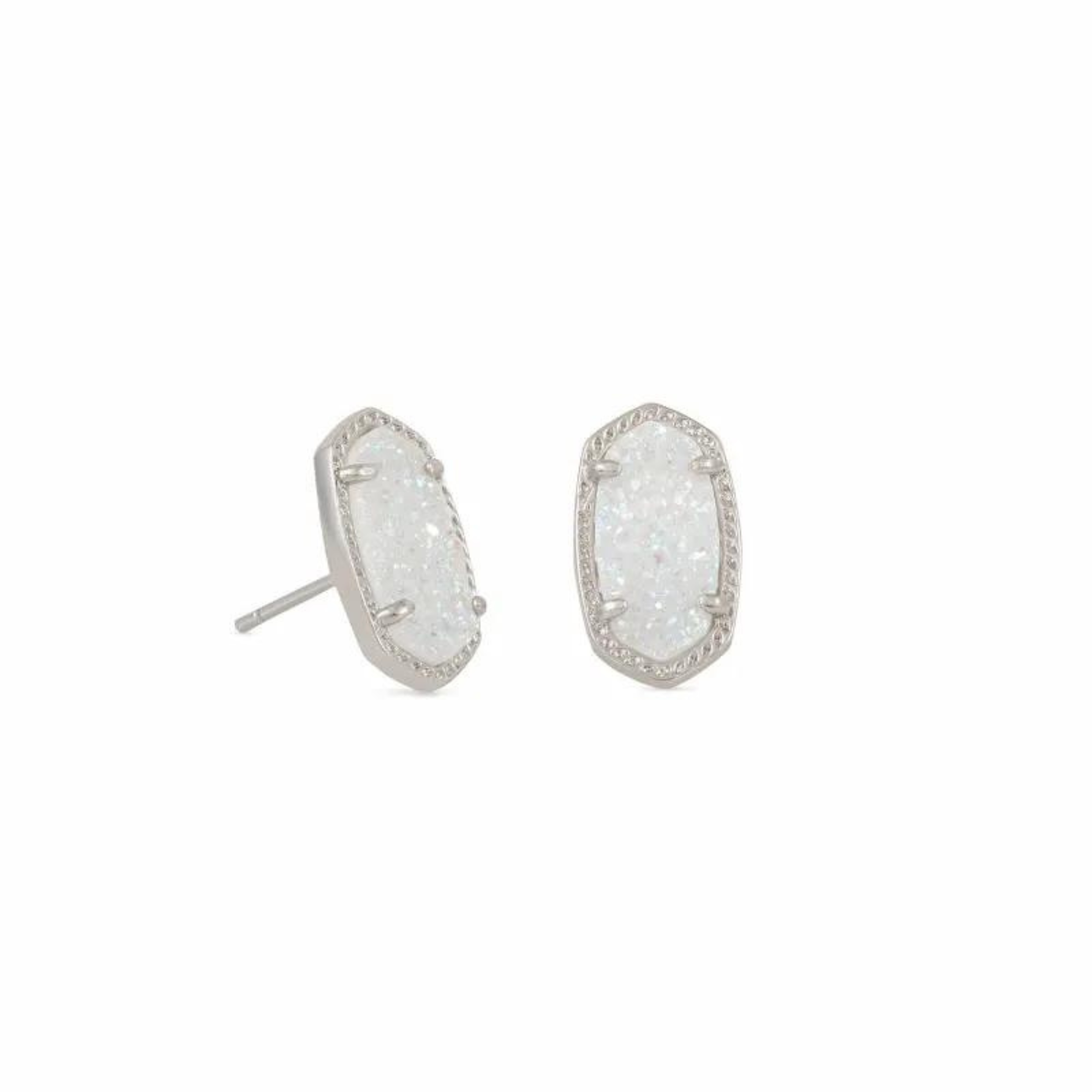 There are silver stud earrings in iridescent drusy.