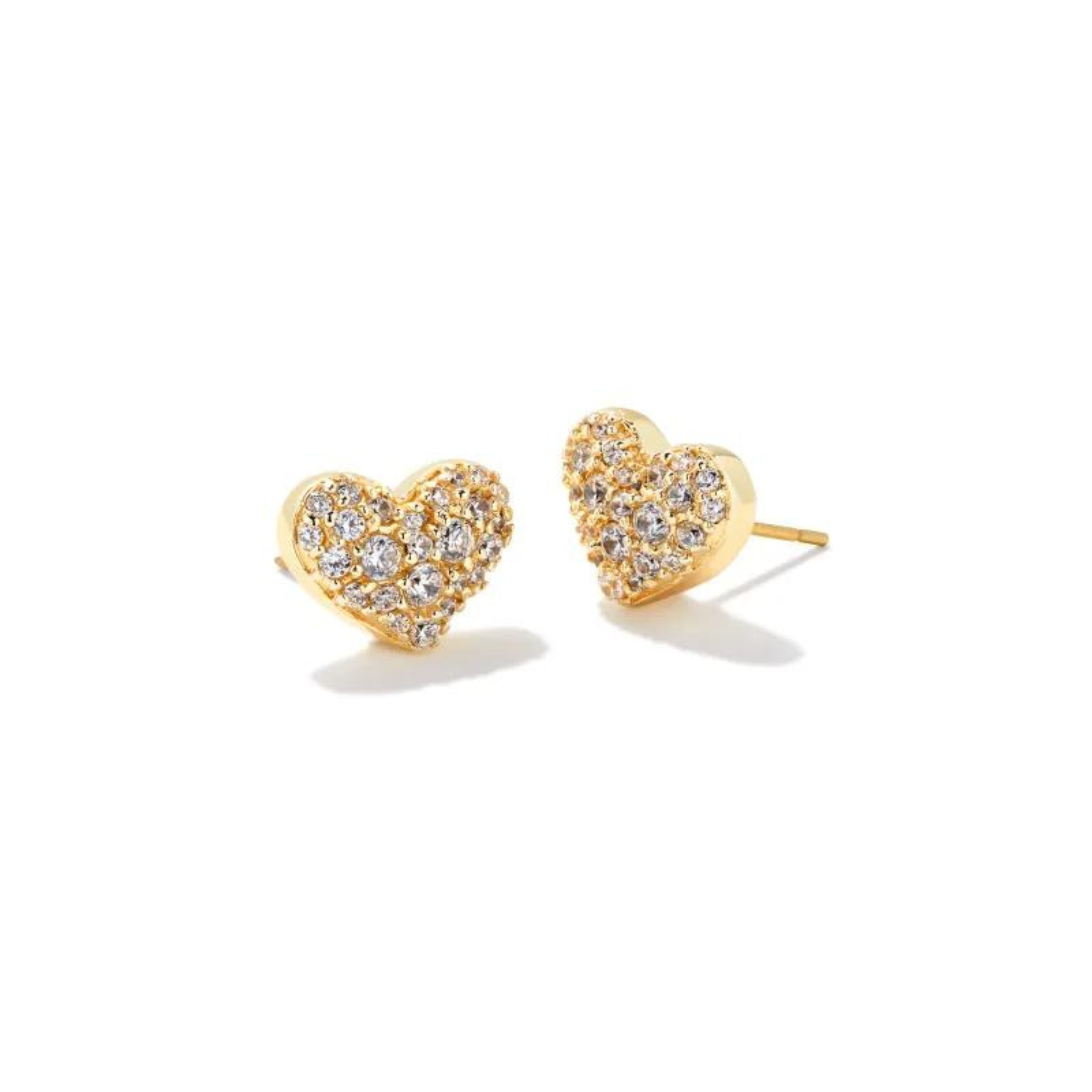 Gold heart shaped earrings with crystals, pictured on white background.