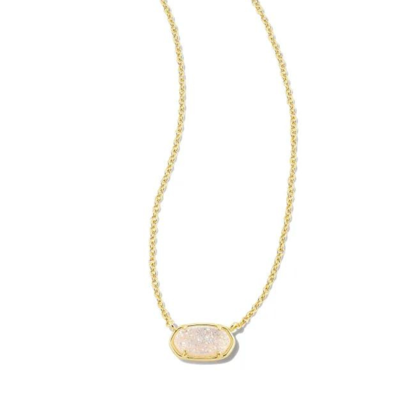 Gold necklace with iridescent drusy pendant, pictured on a white background.