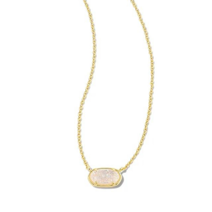 Gold necklace with iridescent drusy pendant, pictured on a white background.