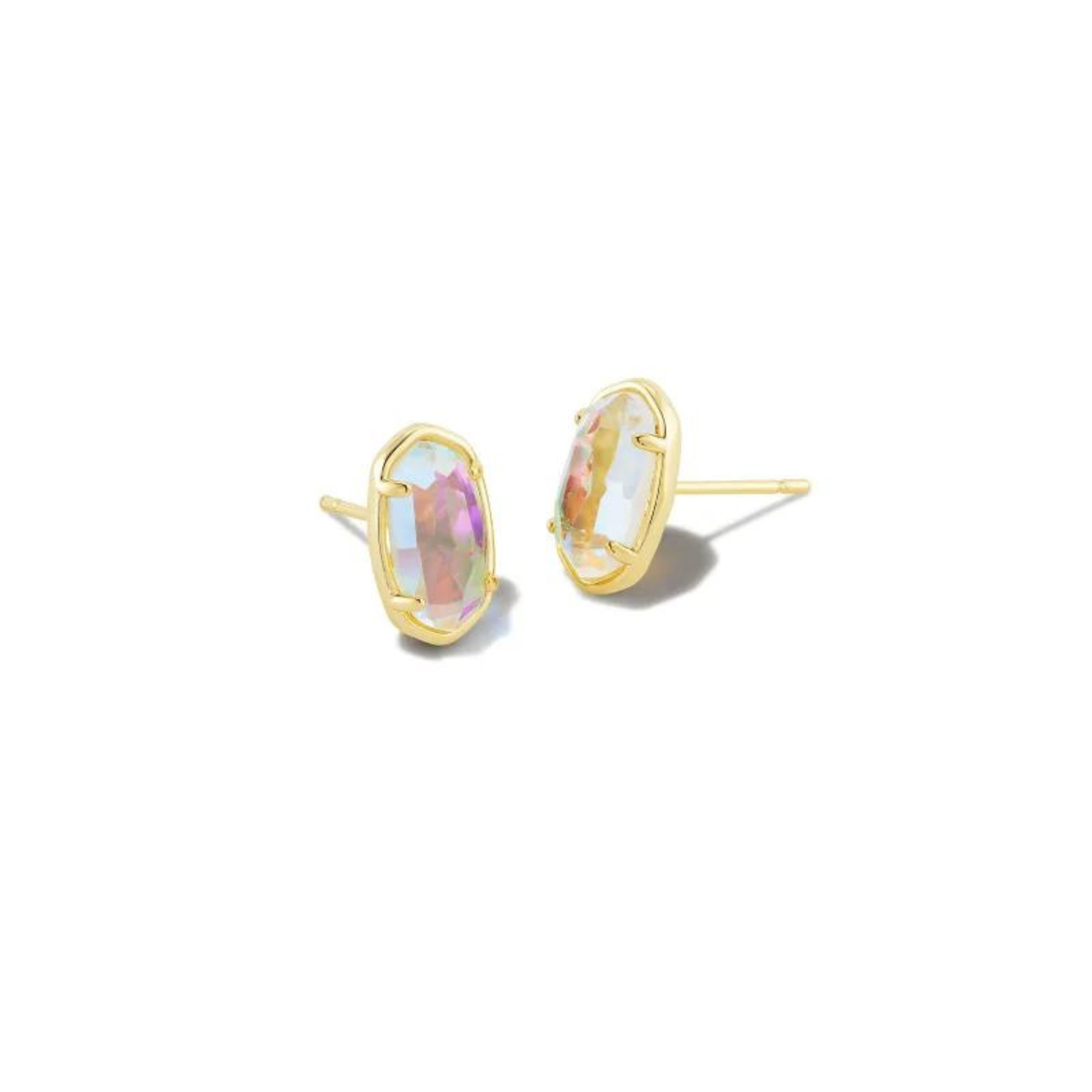 Gold earrings with dichroic glass centers pictured on a white background.