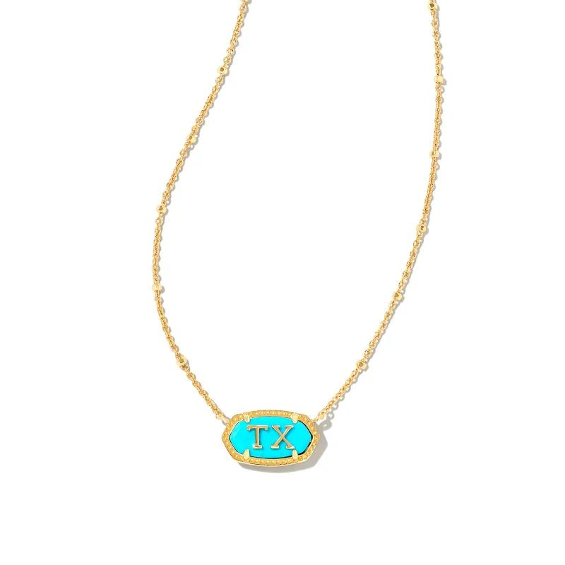 Gold necklace with turqouise pendant with TX in the center of the pendant, pictured on a white background.