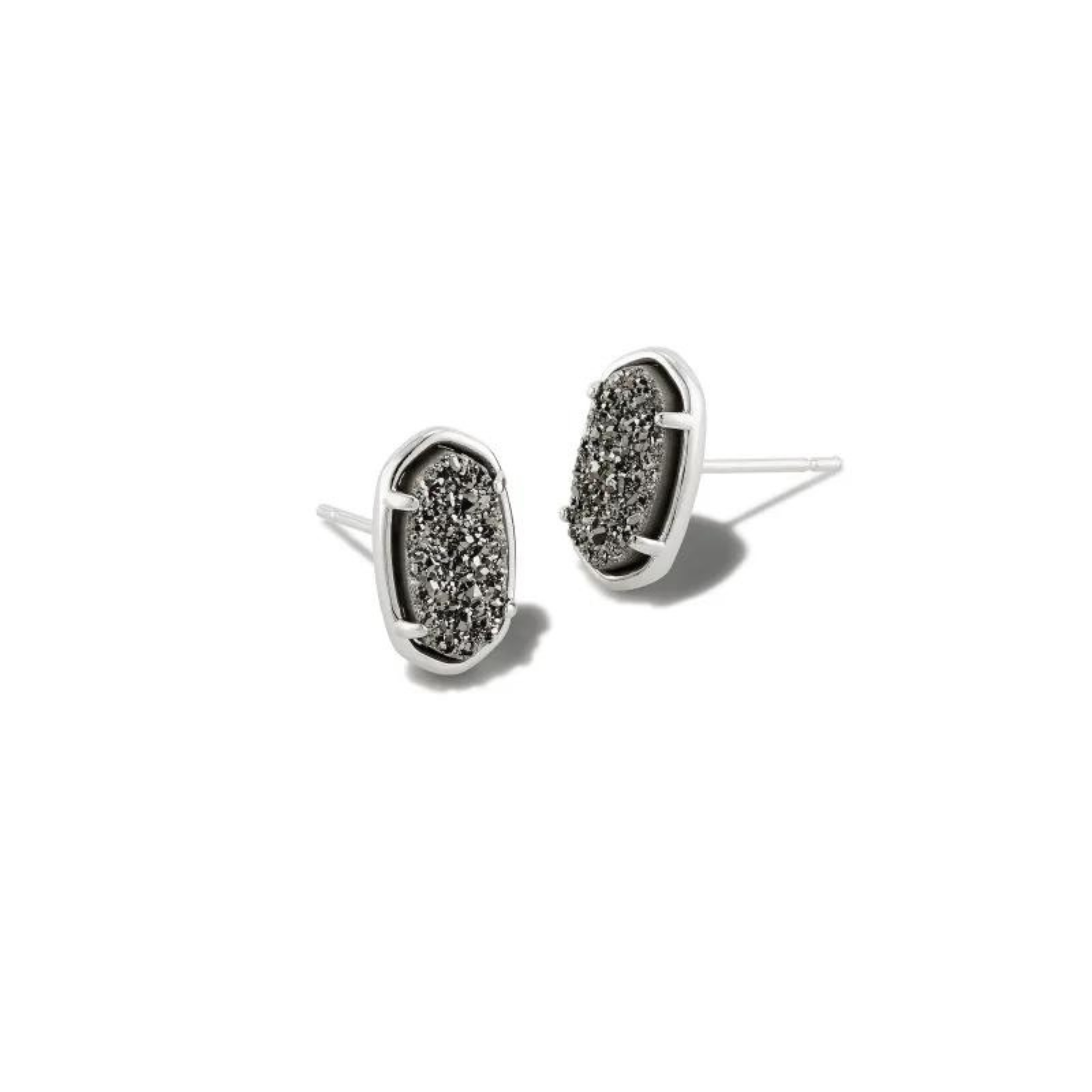 Silver stud earrings with platinum drusy stone pictured on a white background.