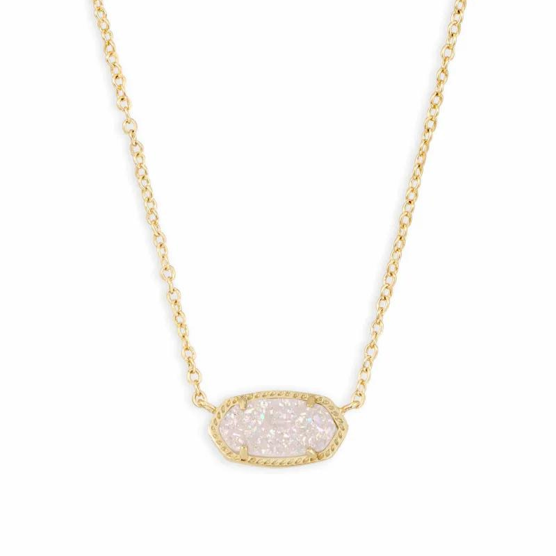 Gold necklace with iridescent drusy pendant, pictured on a white background.