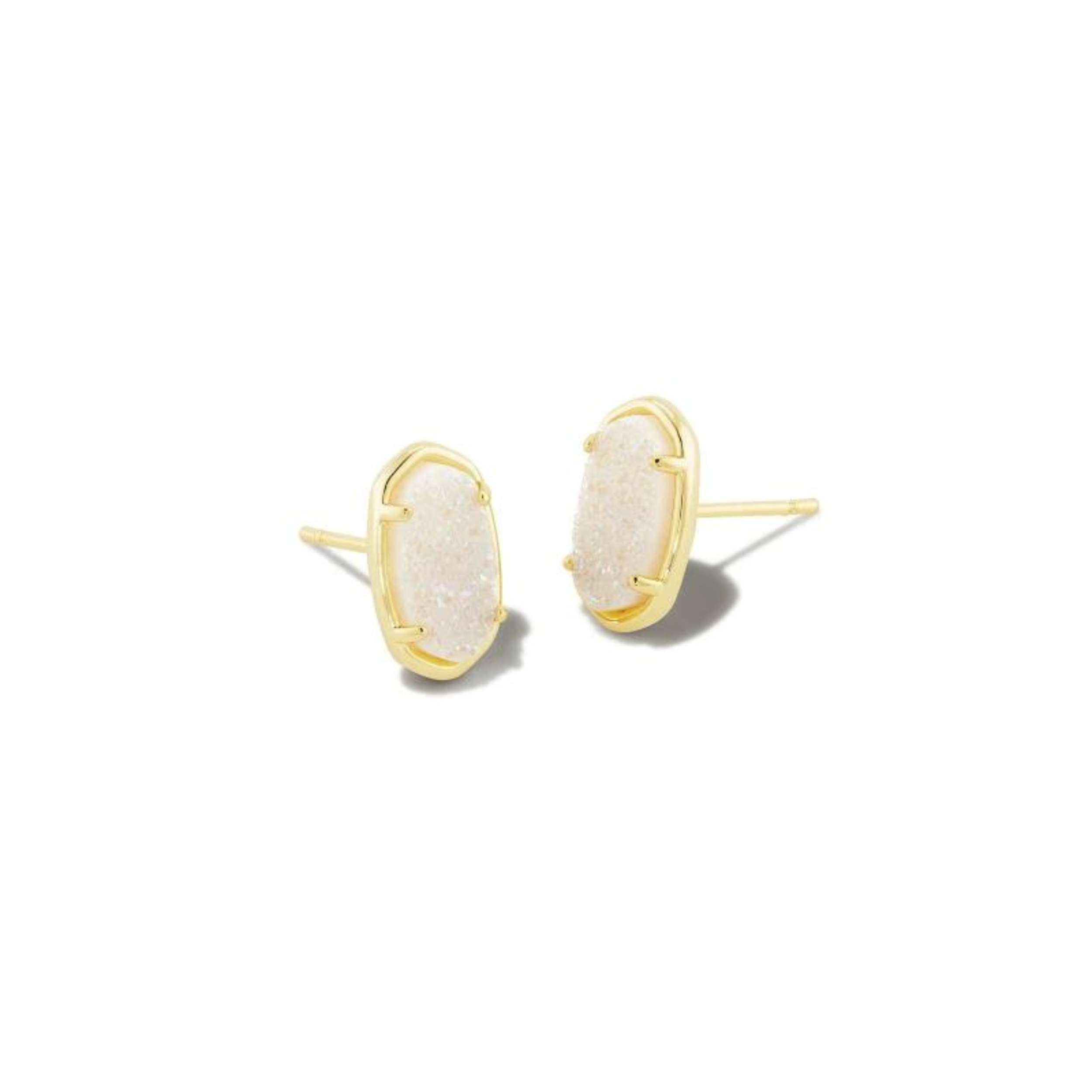 Gold stud earring with iridescent stone pictured on a white background.