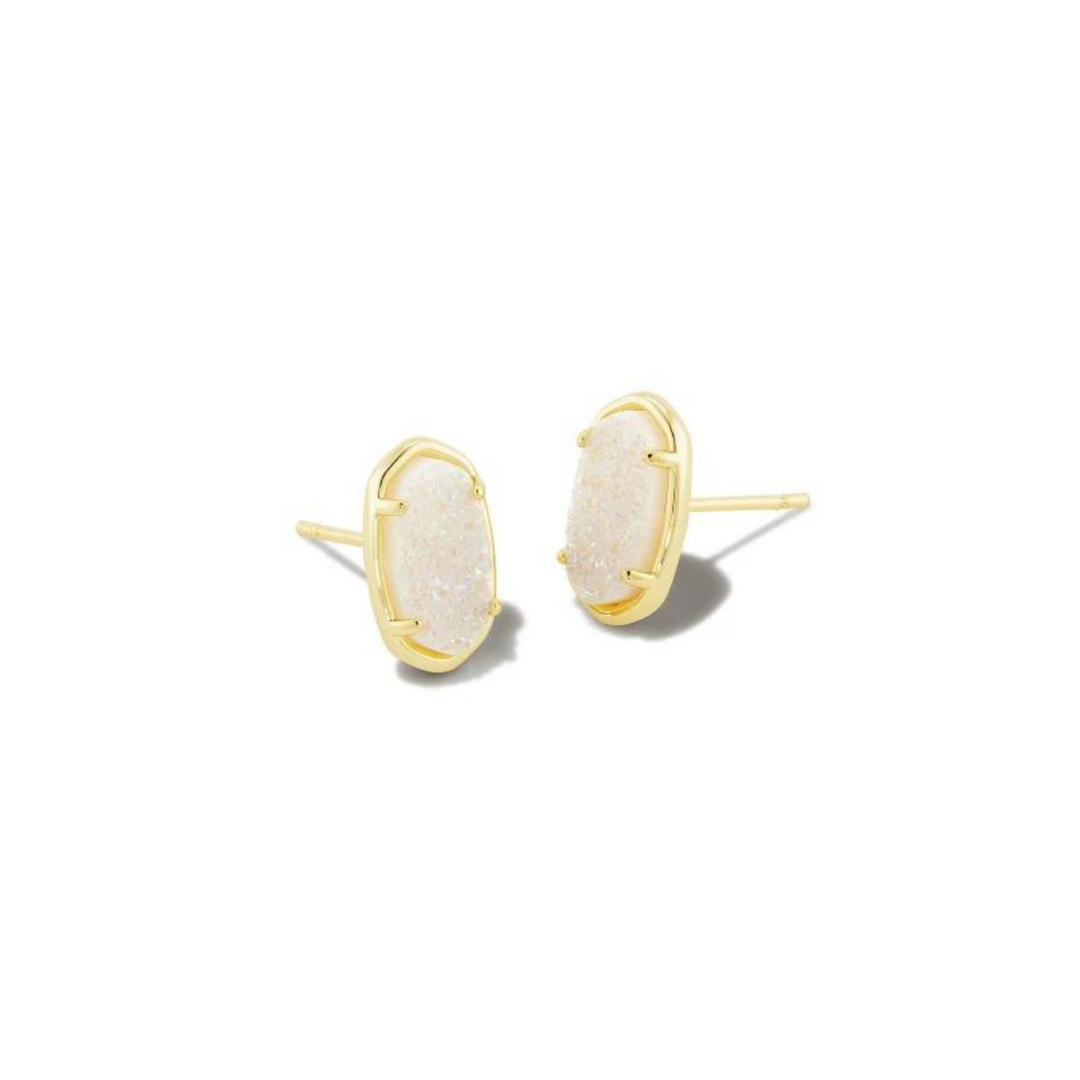 Gold stud earring with iridescent stone pictured on a white background.