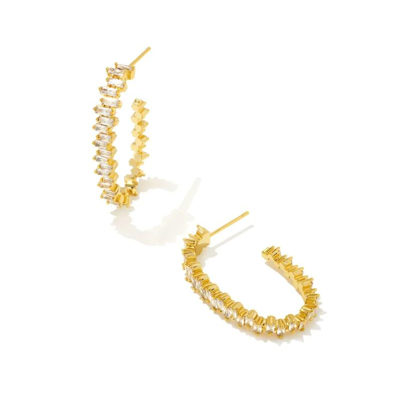 Gold oval hoops with white crystals, pictured on a white background.